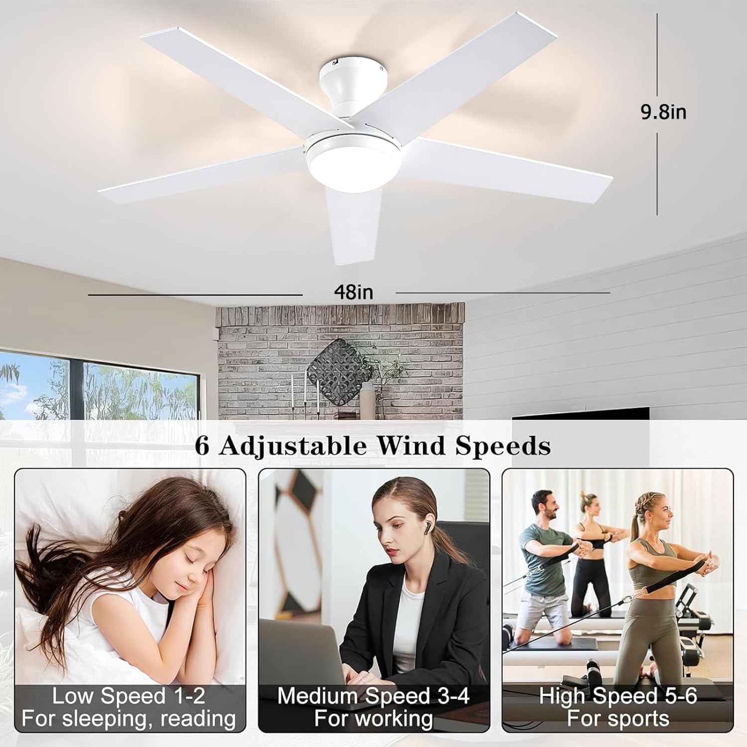 48-Inch Low Profile Ceiling Fan with Lights & Remote Control - Dimmable, Noiseless, Reversible Motor for Bedroom & Indoor/Outdoor Use