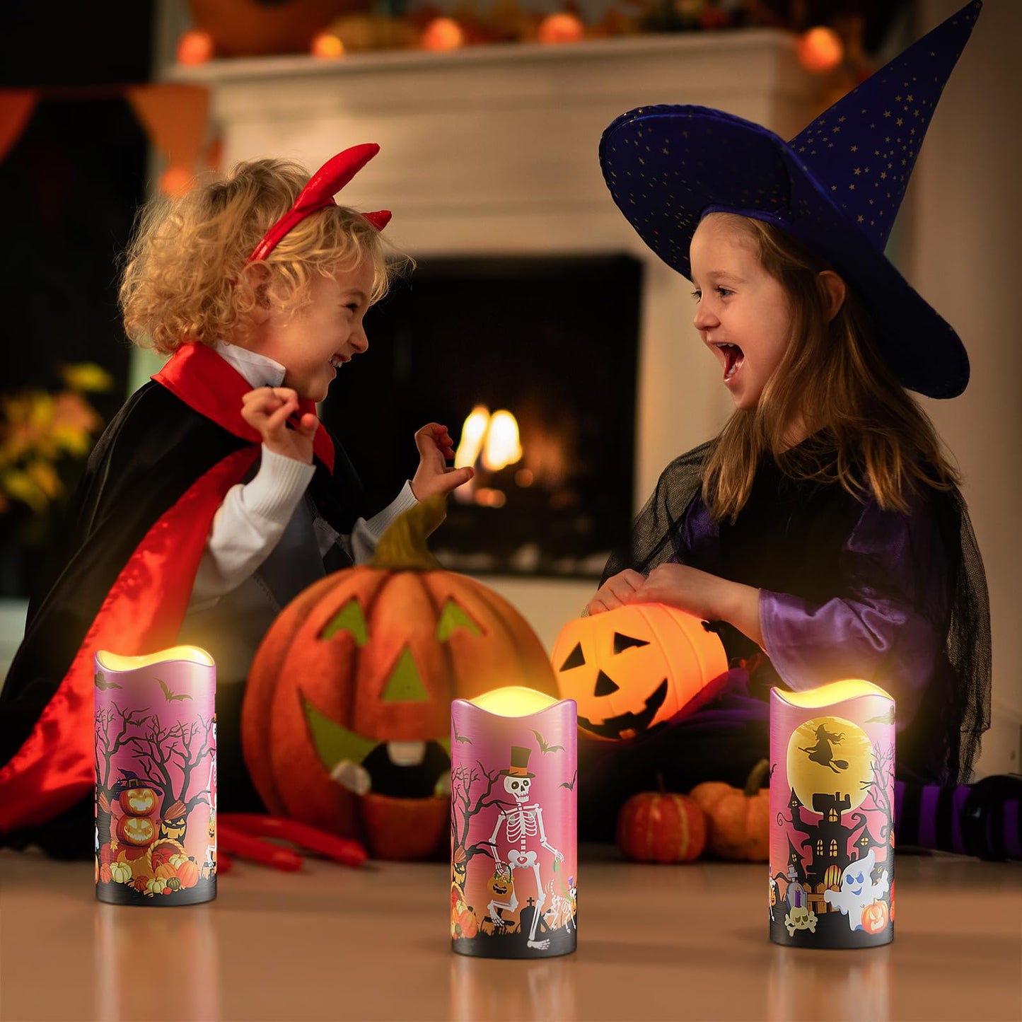 Halloween Flameless LED Candles, Orange Warm Light Halloween Candles, Battery Operated Candles, Candles with Remote Timers for Halloween Decoration, 3 x 6 Inch, Set of 3