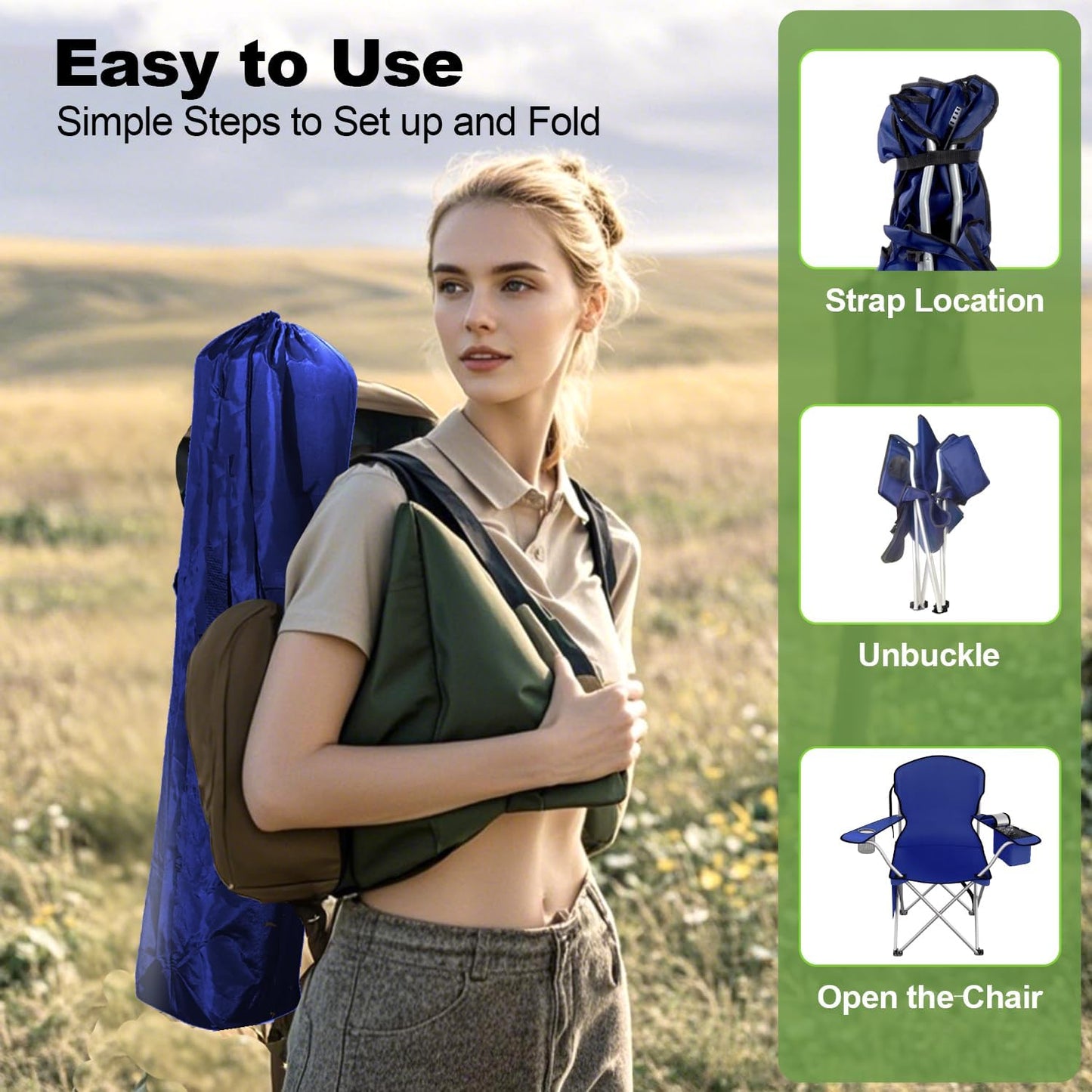 VTOY Folding Camping Chair - Durable 600D Oxford with Cooler Pouch, Cup Holder & Storage Pocket | Portable Outdoor Seating