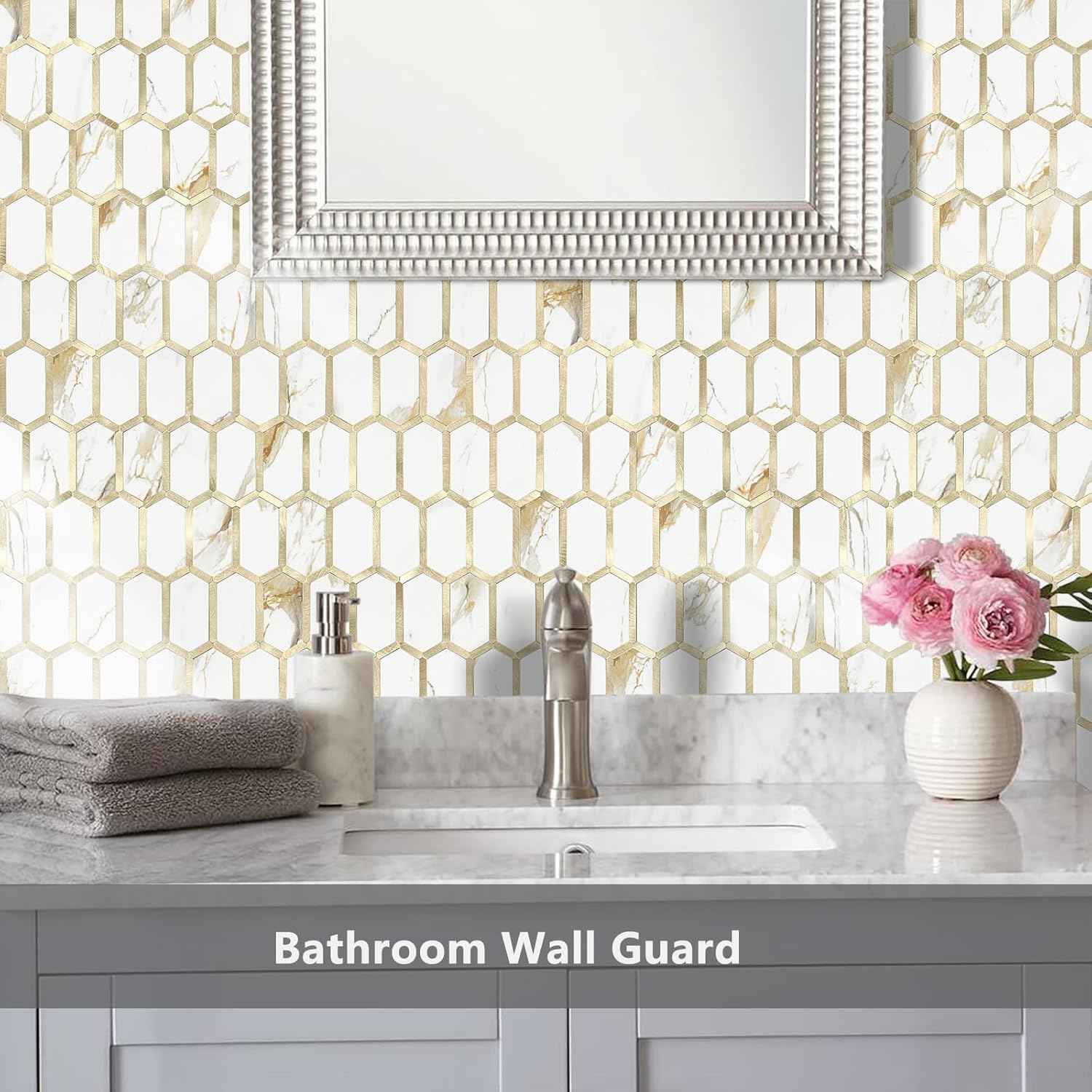 Glossy Wood Grain Peel and Stick Backsplash Tile - 10 Sheets Hexagon Mosaic for Kitchen & Bathroom, 12.4 x 12 Inch