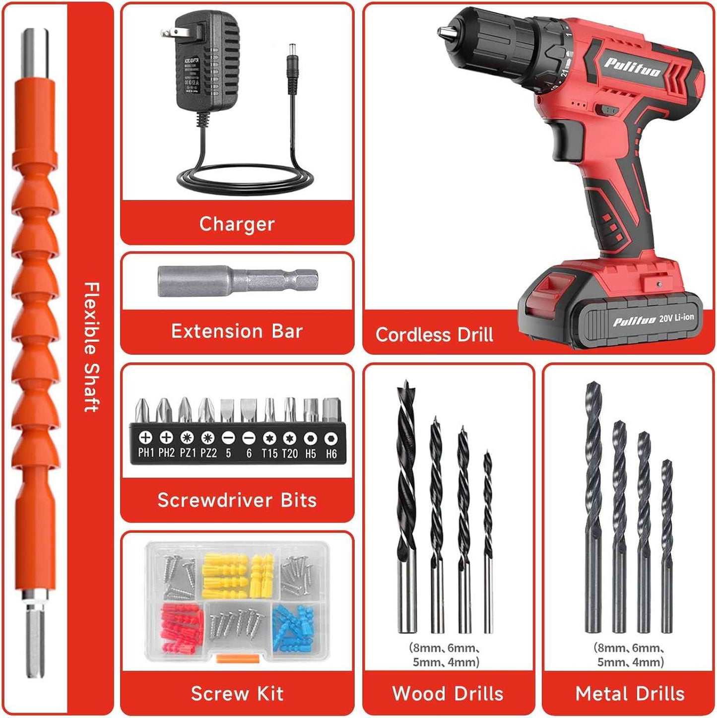 PULITUO'S 20V Cordless Drill/Driver, Electric Screwdriver - 2 Batteries, 30Nm, 21+1 Torque, 2 Speed, Keyless 3/8" Chase Drill with LED Light, Kit for Home (Green)