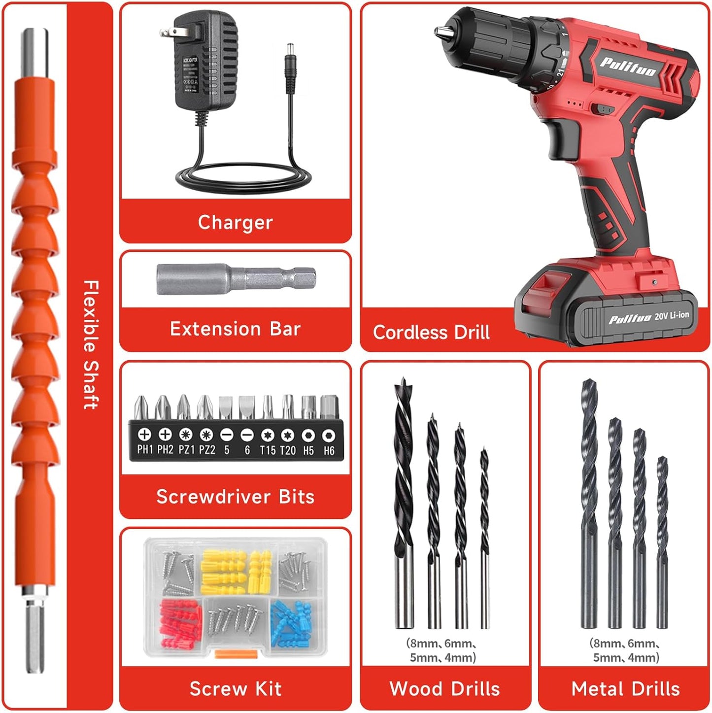 20V Cordless Drill/Driver Kit with 2 Batteries, 30Nm Torque & LED Light - PULITUO
