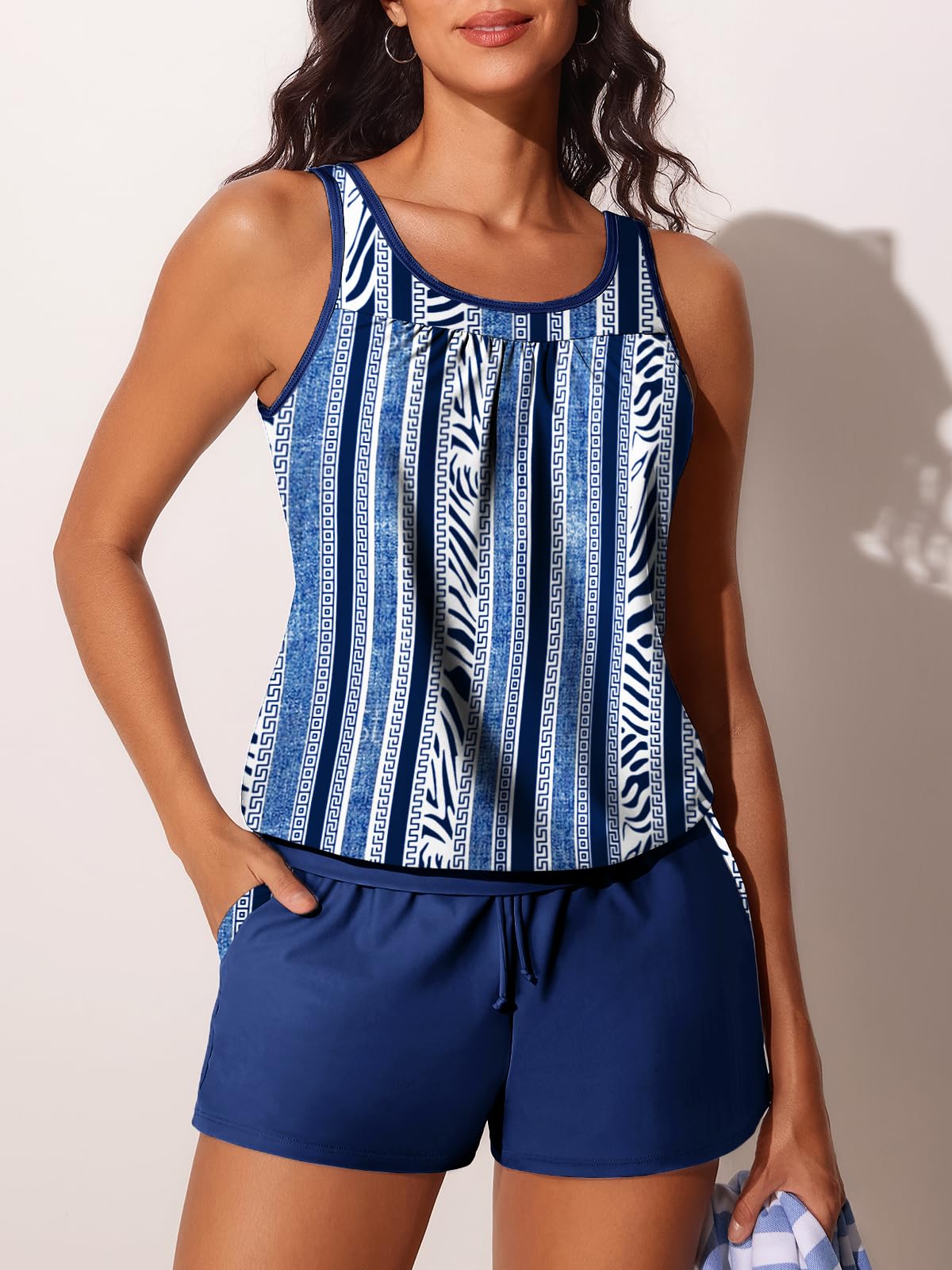 Summer Mae Womens Tankini Swimsuits Two Piece with Pockets Blue Vertical M