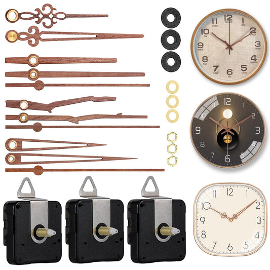 EMOON 3 Pieces Quartz Clock Mechanism Replacement Kit Long and Short Shaft Length with 4 Types of Walnut Wood Clock Hands DIY Clock Repair Parts (Total Shaft Length 16mm,20mm,23mm)