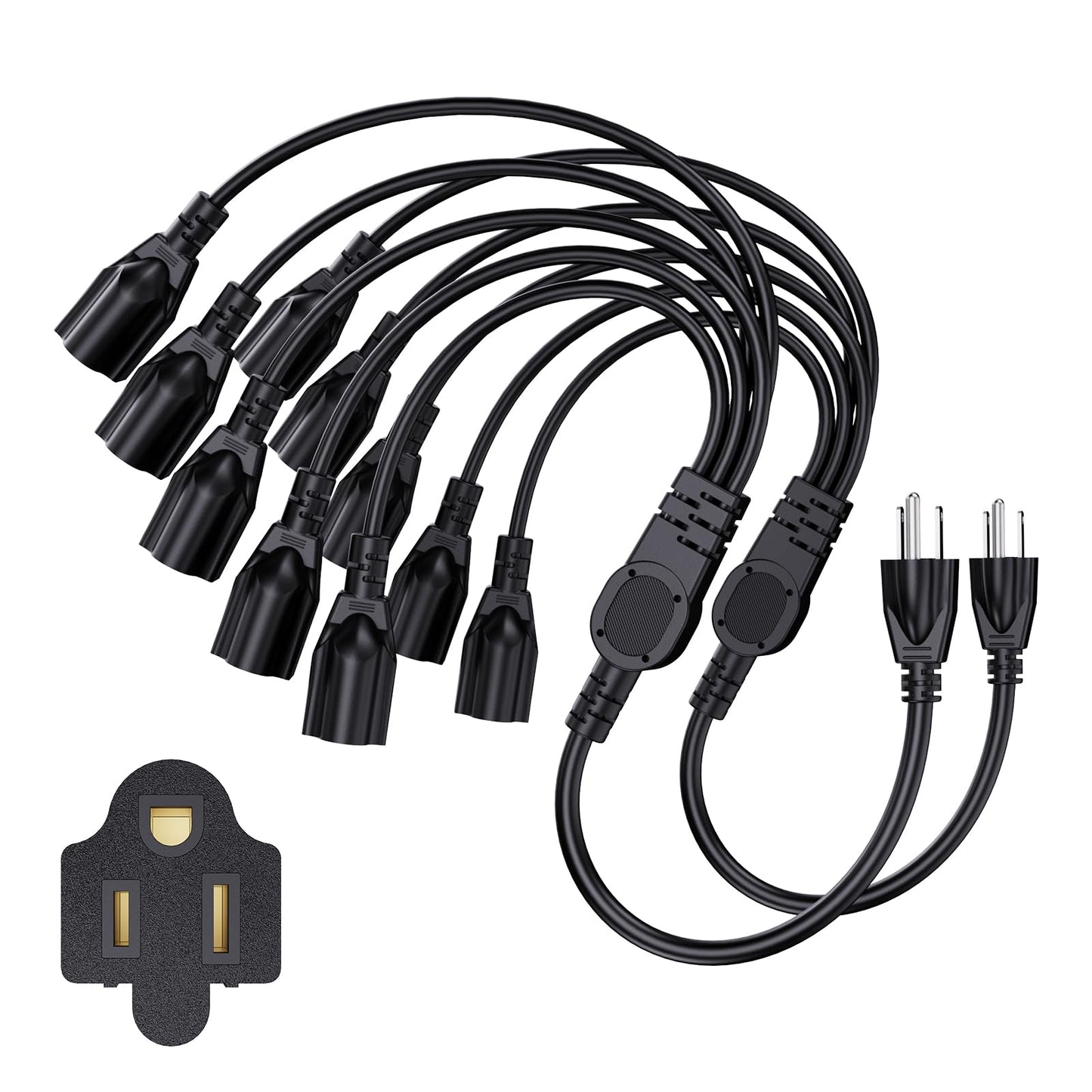 Extension Cord with 1 to 5 Splitter 16 AWG 13A 1625W 20 Inch Black 2 Pack | Outdoor Y-Style SJTW Cord NEMA 5-15P to 5-15R