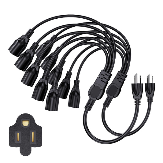 Extension Cord with 1 to 5 Splitter 16 AWG 13A 1625W 20 Inch Black 2 Pack | Outdoor Y-Style SJTW Cord NEMA 5-15P to 5-15R