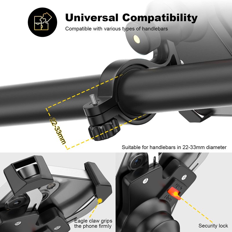 visnfa New Bike Phone Mount with Stainless Steel Clamp Arms Anti Shake and Stable 360° Rotation Bike Accessories/Bike Phone Holder for Any Smartphones GPS Other Devices Between 4 and 7 inches