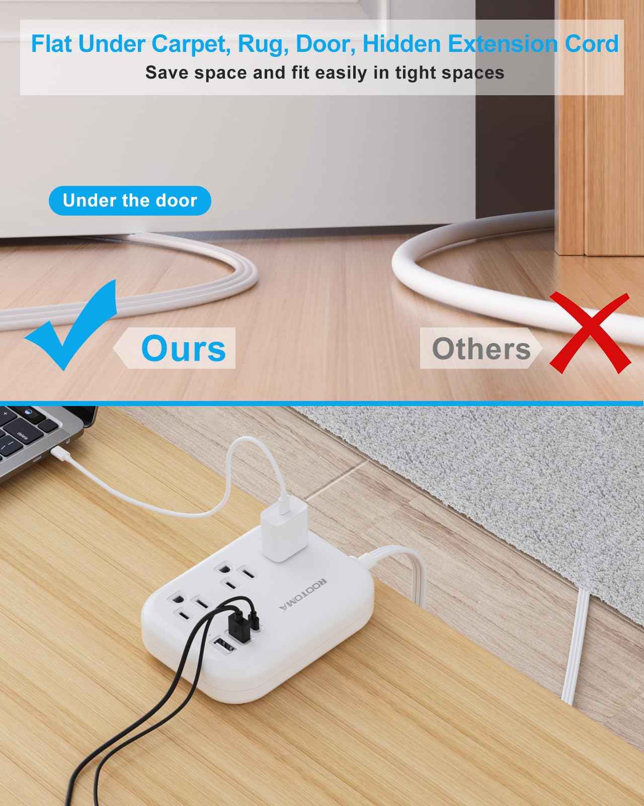 Flat Extension Cord 15 FT Behind Furniture-Ultra Slim Cord Under Carpet, Rug, Door, Long Power Bar with 3 USB 3 Outlets, Low Profile Power Strip for Travel Office Indoor, 1080 Joules Protected