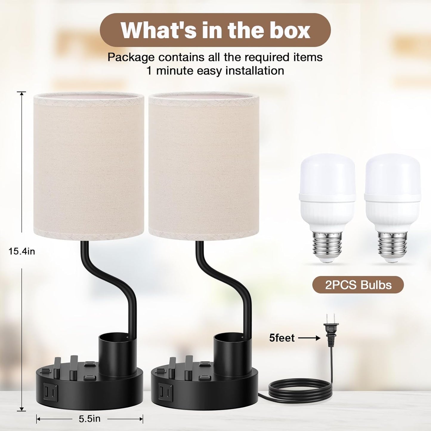 Set of 2 Bedside Table Lamps with USB & AC Outlet - 3 Color Temperatures, Desk Light & Phone Stand for Bedroom, Living Room, Office