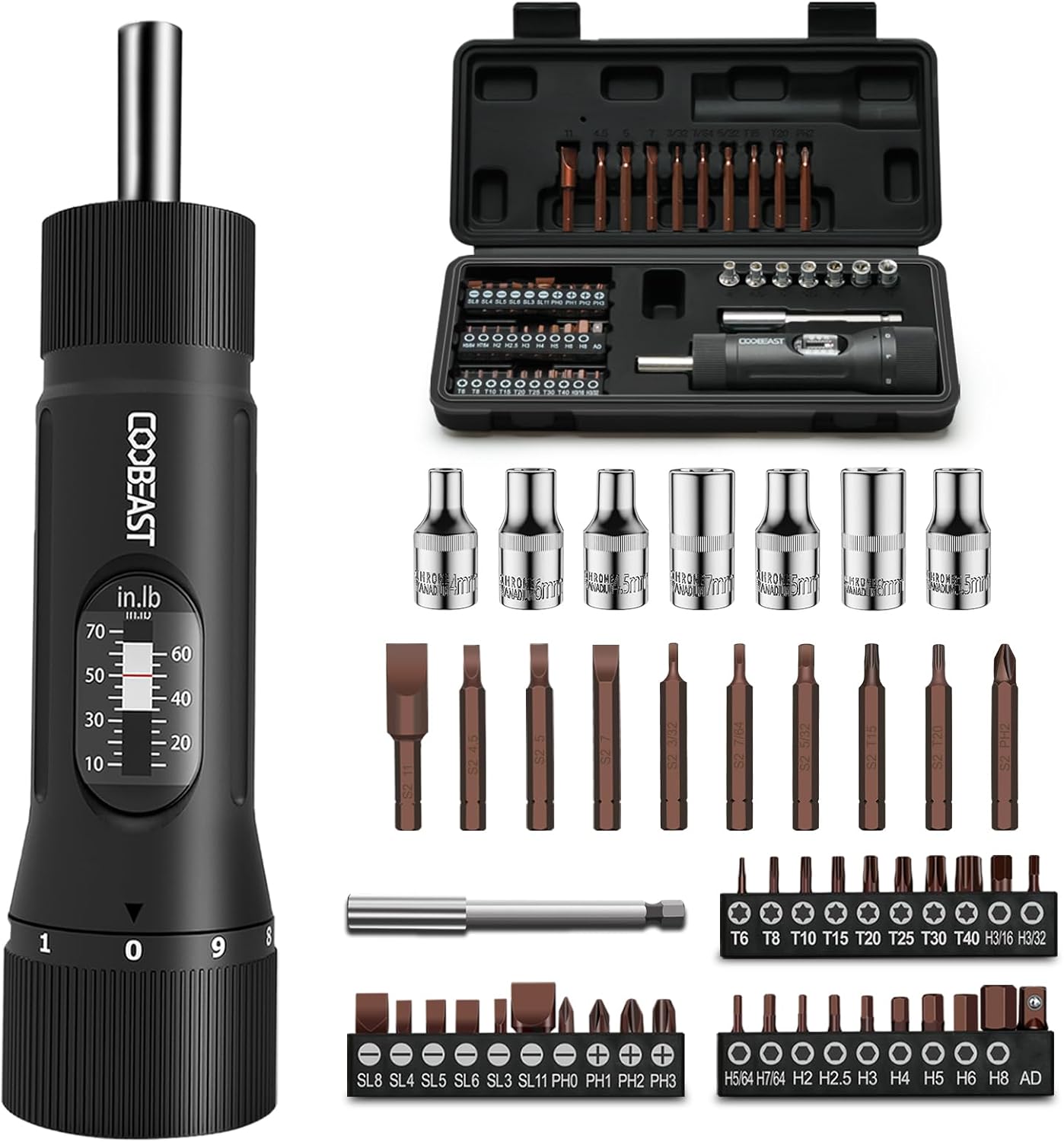 49-Piece Torque Screwdriver Set with 10-70 Inch Pound Torque Wrench & S2 Bits for Bike Repair