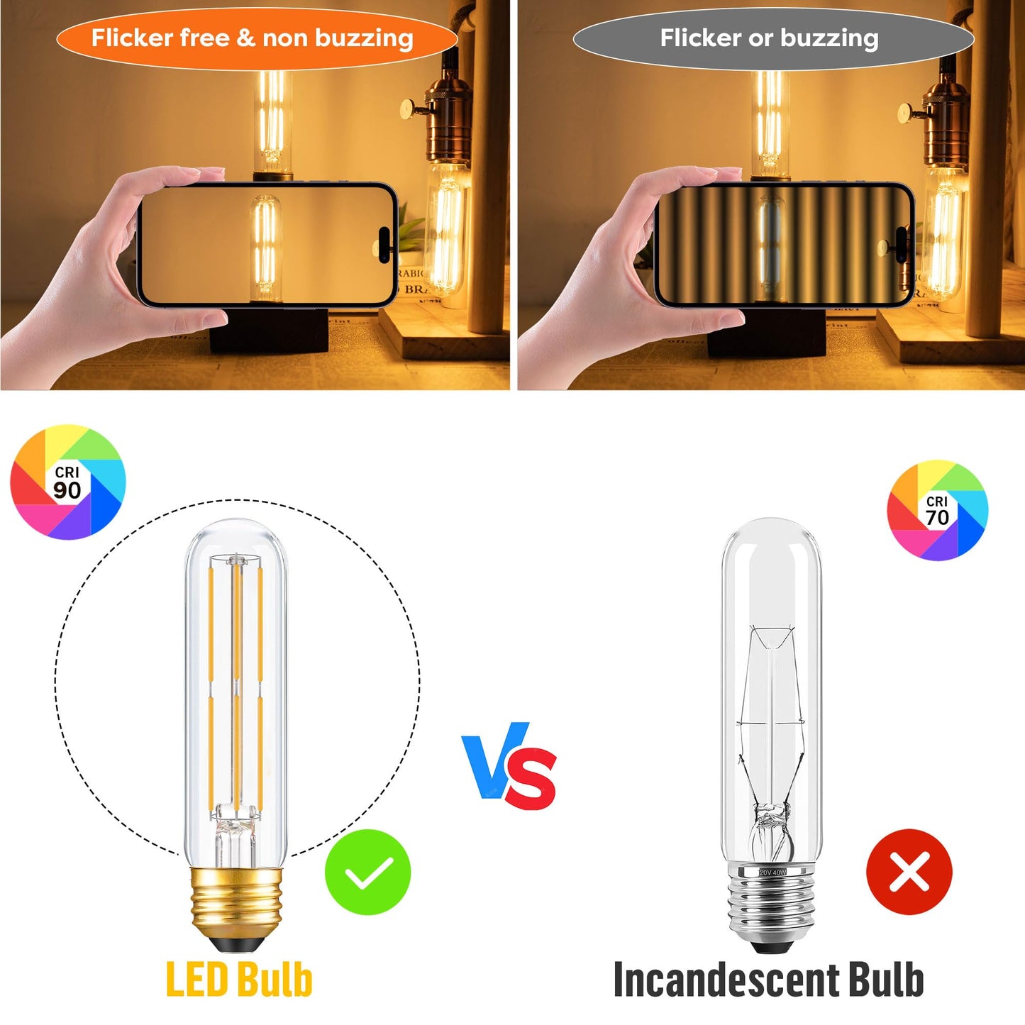 Dimmable E26 T10 LED Bulb Tube Light Bulbs 6W(60W Equivalent),Tubular Light Bulb Type T Long Thin Skinny Light Bulbs for Curio Cabinet,Piano Light,Chandelier,Hutch,2700K Solf White 600LM,2 Pack