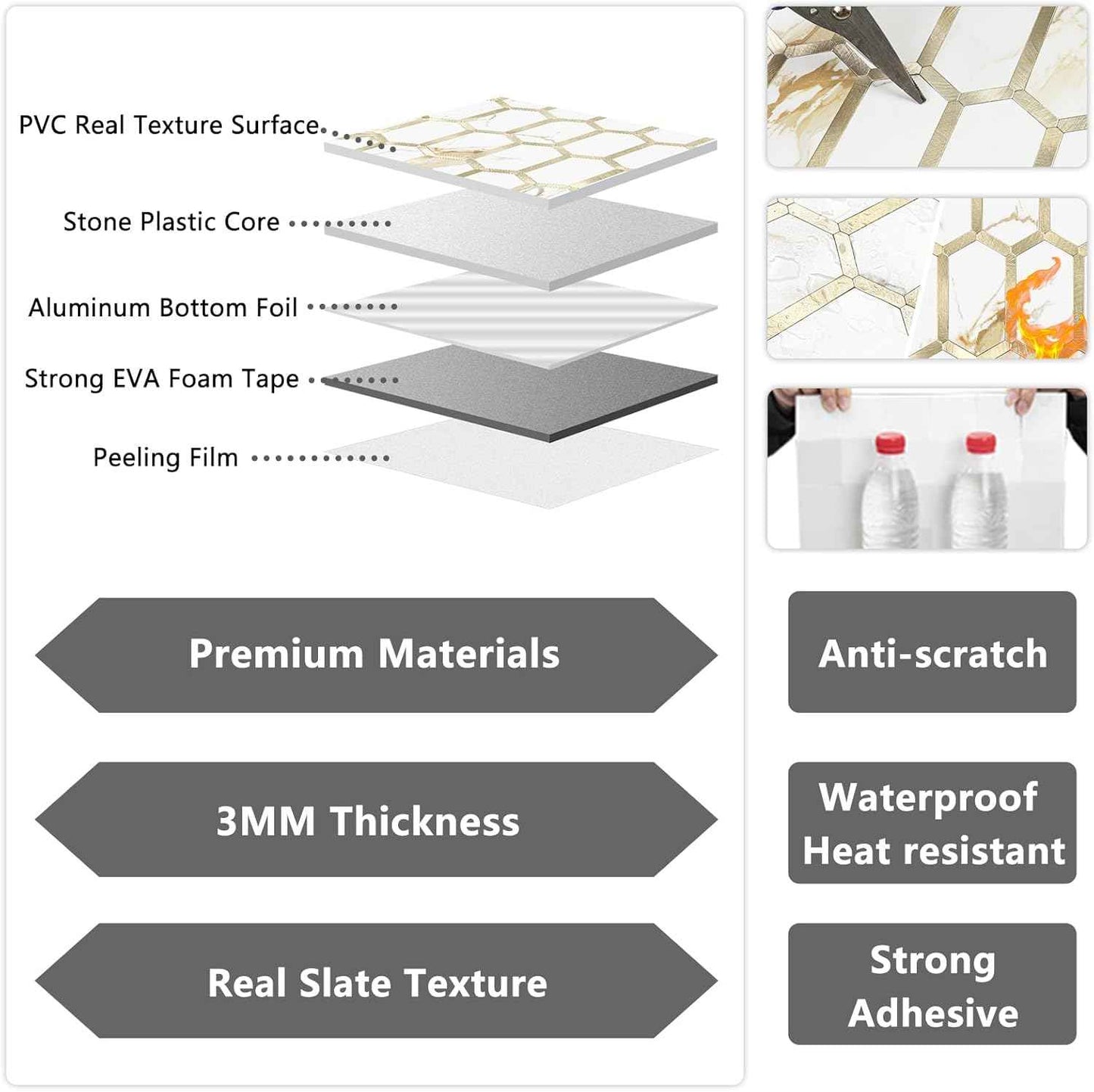 Glossy Wood Grain Peel and Stick Backsplash Tile - 10 Sheets Hexagon Mosaic for Kitchen & Bathroom, 12.4 x 12 Inch