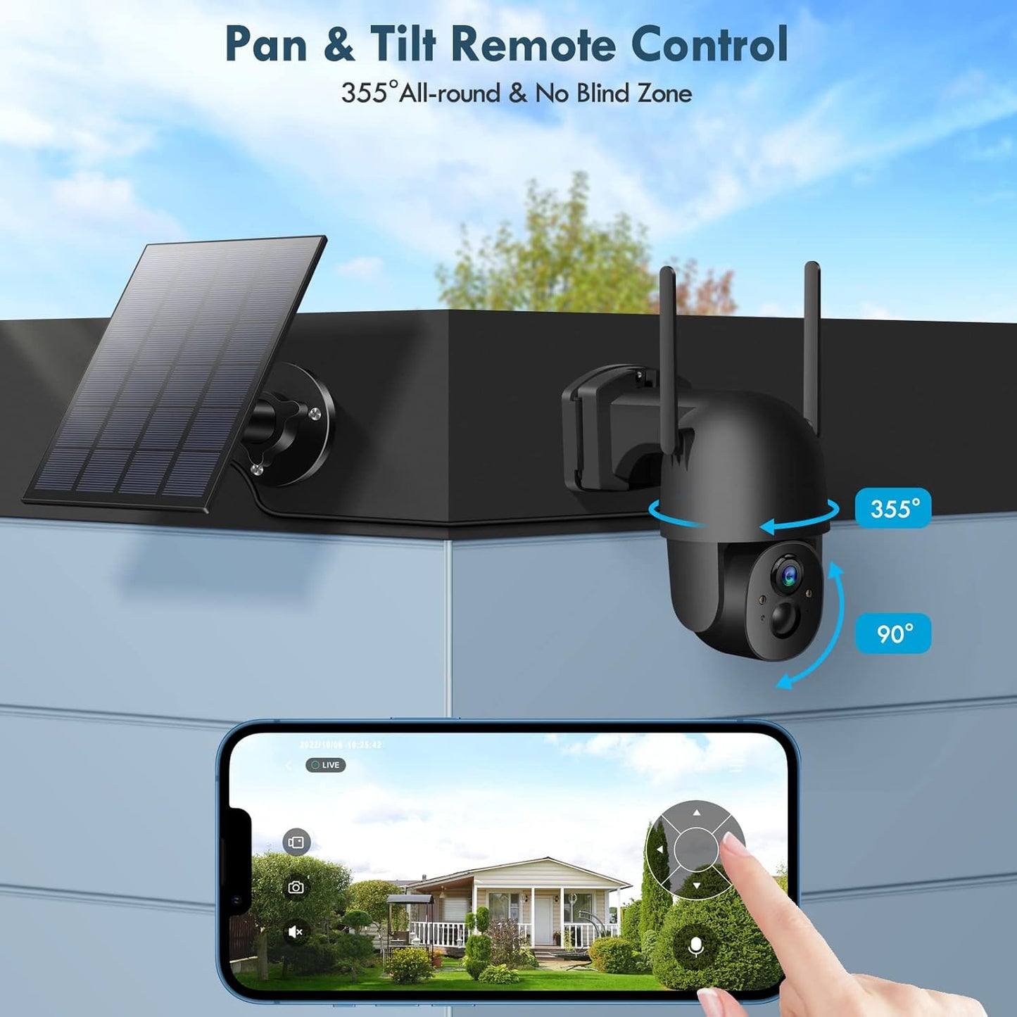 Wireless Solar Security Camera 3MP 2K FHD - 355° PTZ, Spotlight, Motion Detection, Color Night Vision