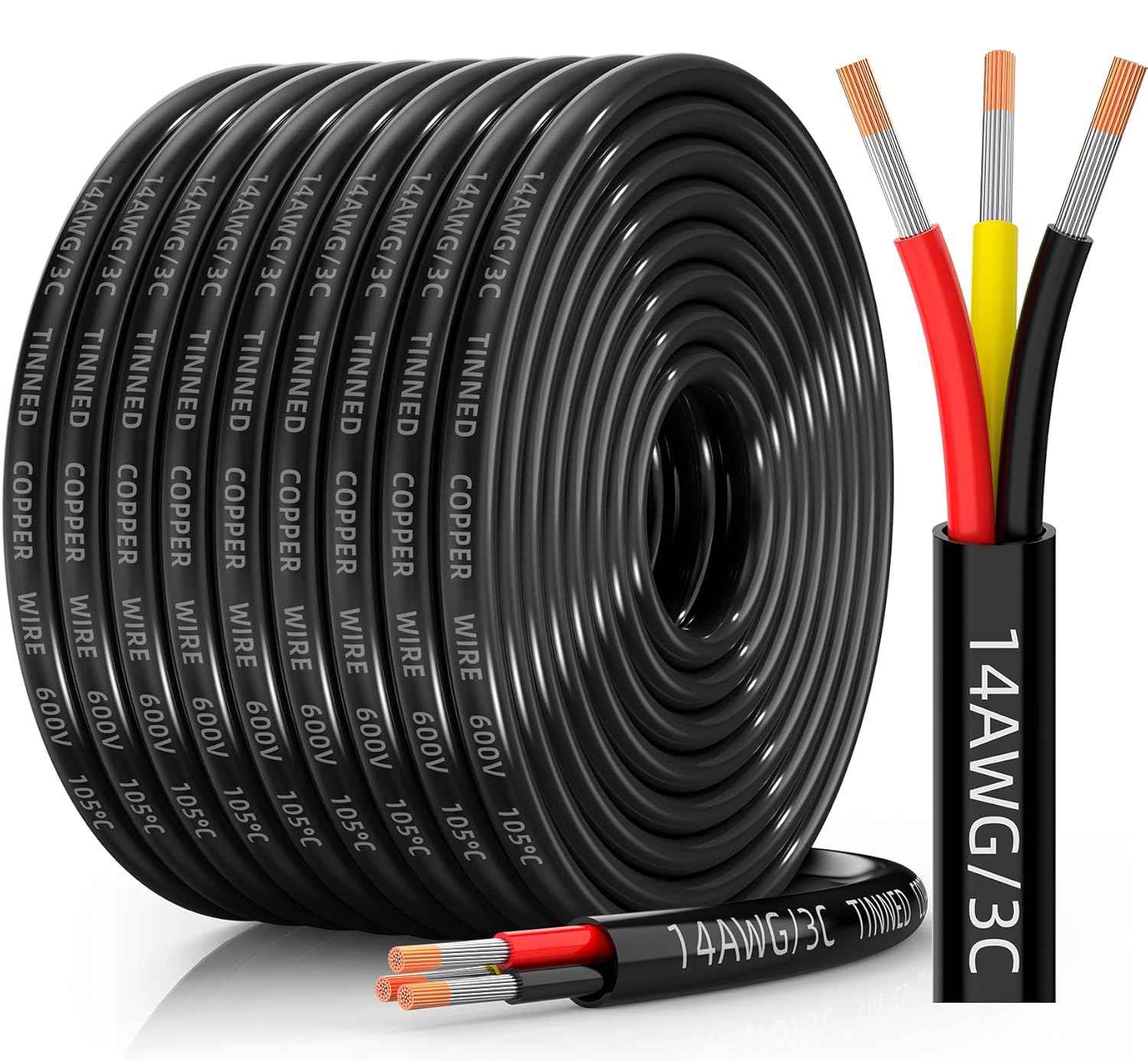 16 AWG Tinned Copper 3-Conductor Electrical Wire - Waterproof PVC Cable for Automotive, Marine & Solar (100FT)