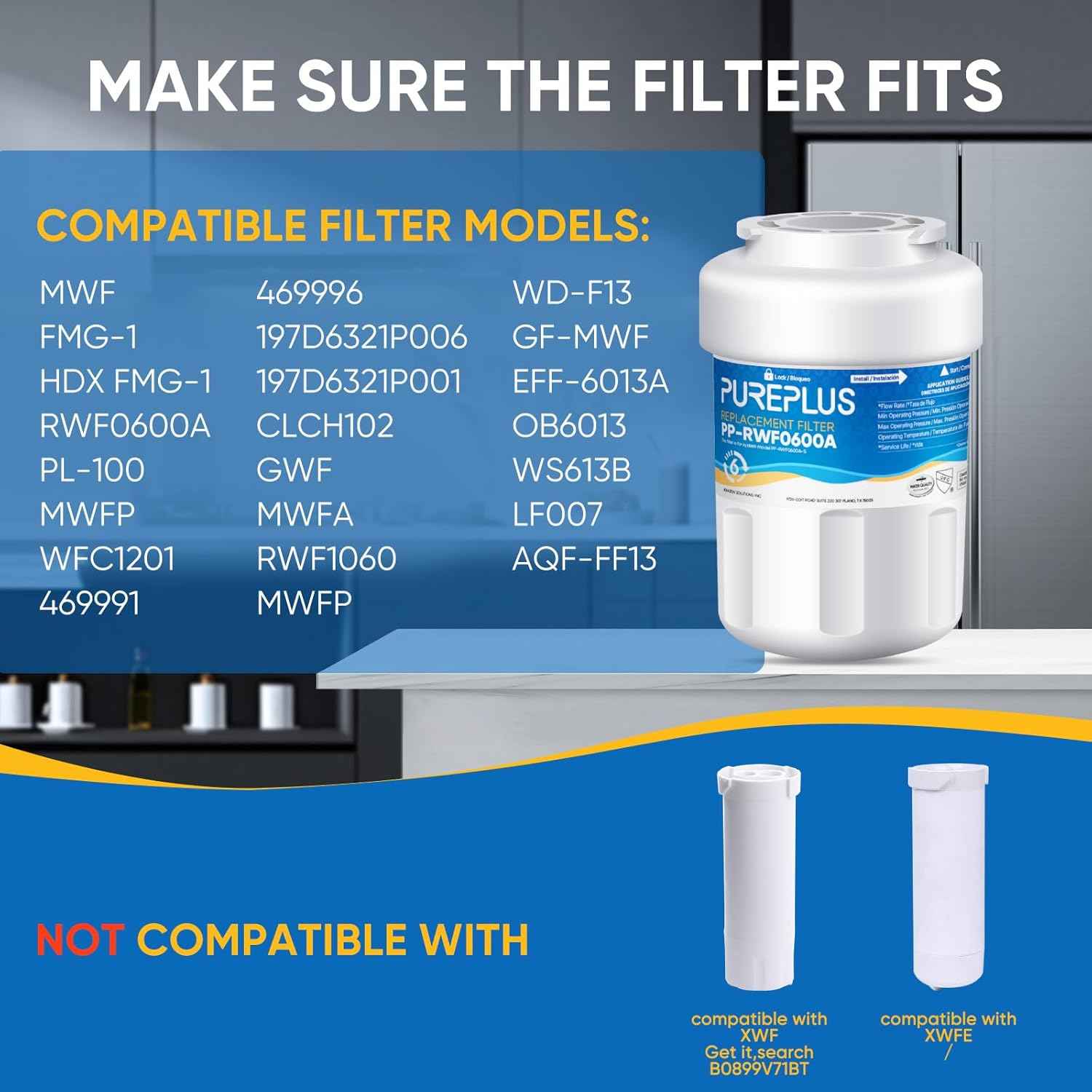 PUREPLUS PRO Refrigerator Water Filter Replacement - NSF Certified 3-Pack for HDX FMG-1, PL-100, WFC1201