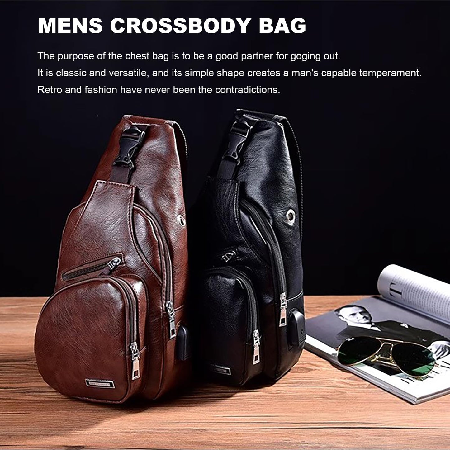 Peicees Leather Sling Bag Mens Crossbody Bag Chest Bag Sling Backpack for Men with USB Charge Port