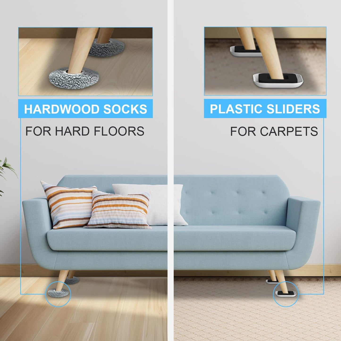 Kiss Core New Upgrade Furniture Movers Sliders, 8+8 Pack 4.3" Multi-Surface Furniture Sliders with Groove Design, 8PCS Moving Pads and 8 Hardwood Socks, Protect Floor and Easily Move Furniture