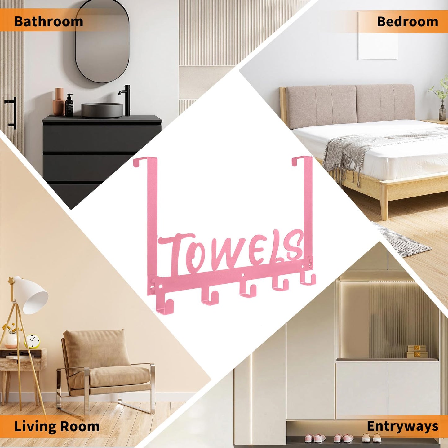 Gohiuo Over The Door Hook - 5 Coat Hooks Towel Rack for Bathroom & Bedroom (Pink)