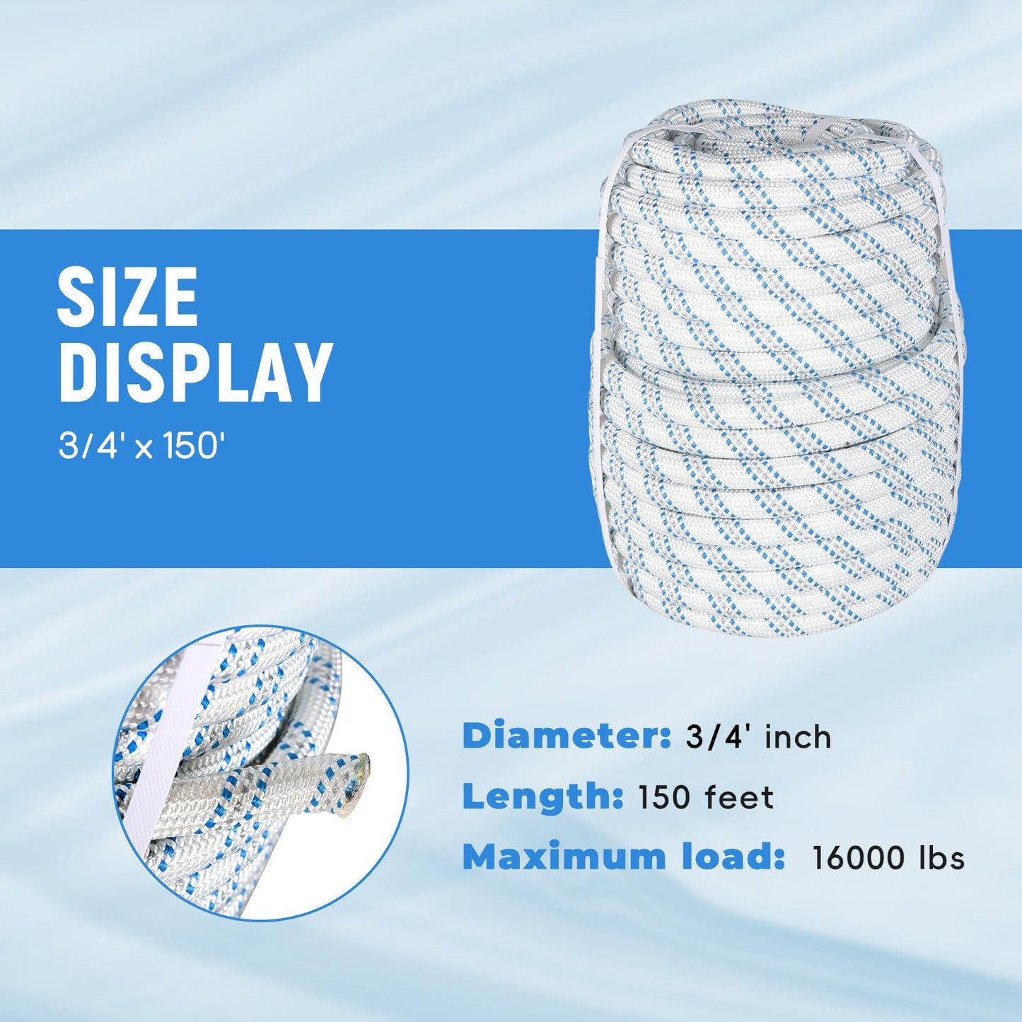 3/4 in x 150FT Gray White Blue Arborist Bull Rope Double Braid Polyester Rigging Hoisting Line High Strength Tree Rope for Rigging, Swing for Rigging Sailboat Weathered Line Tree Work