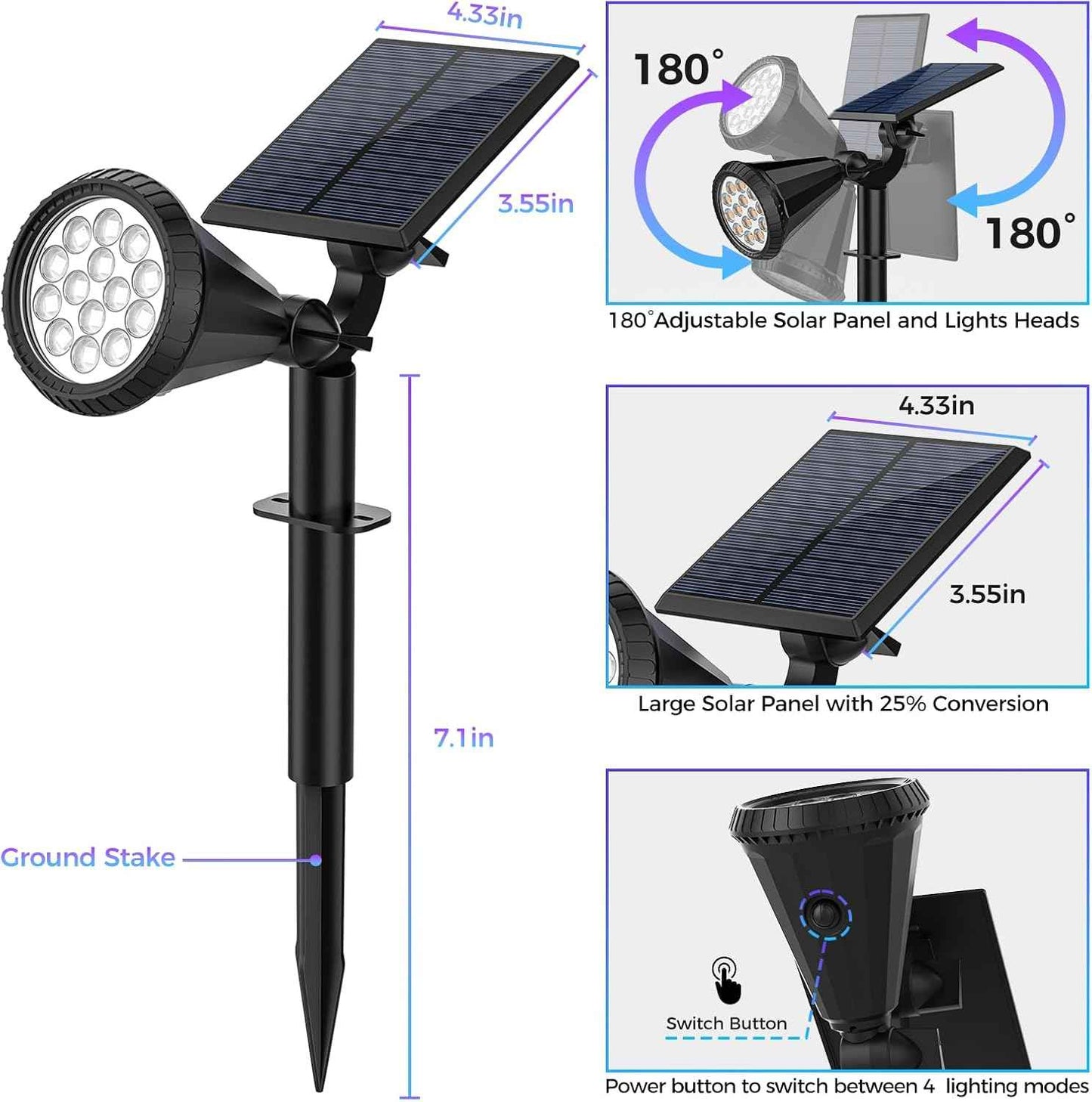 Solar Spot Lights Outdoor - 8 Pack Waterproof Adjustable Landscape Lights for Garden & Pathway