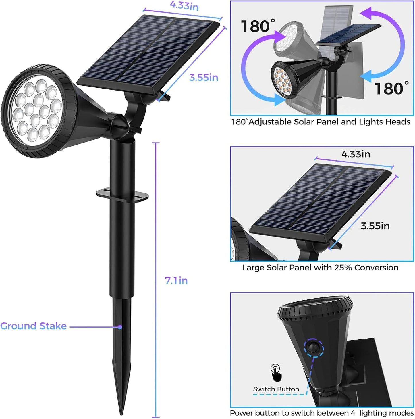 Solar Spot Lights Outdoor - 8 Pack Waterproof Adjustable Landscape Lights for Garden & Pathway