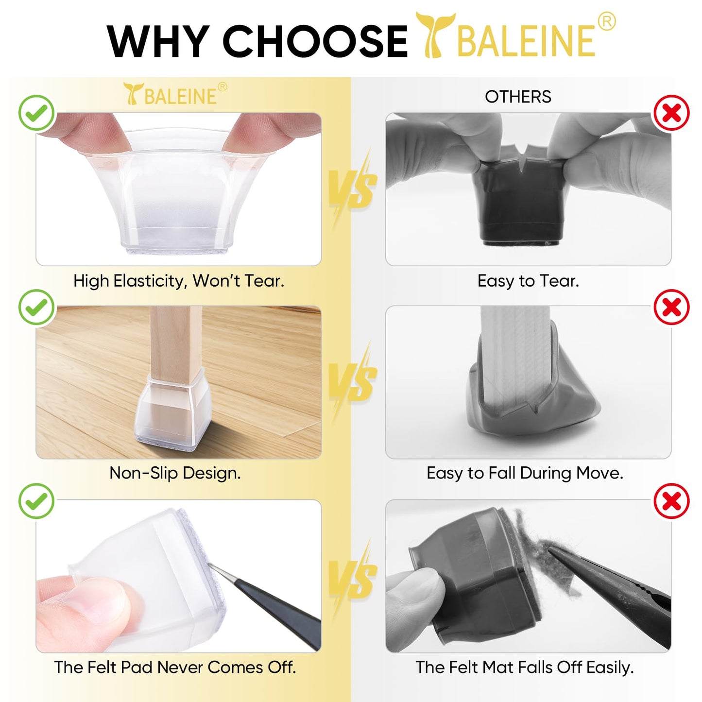 BALEINE 16 Pack Silicone Chair Leg Floor Protectors, Stool Leg Protectors Cap, Non-Slip Chair Leg Caps for Hardwood Floors (Clear & Large (Square), 16 Pack)