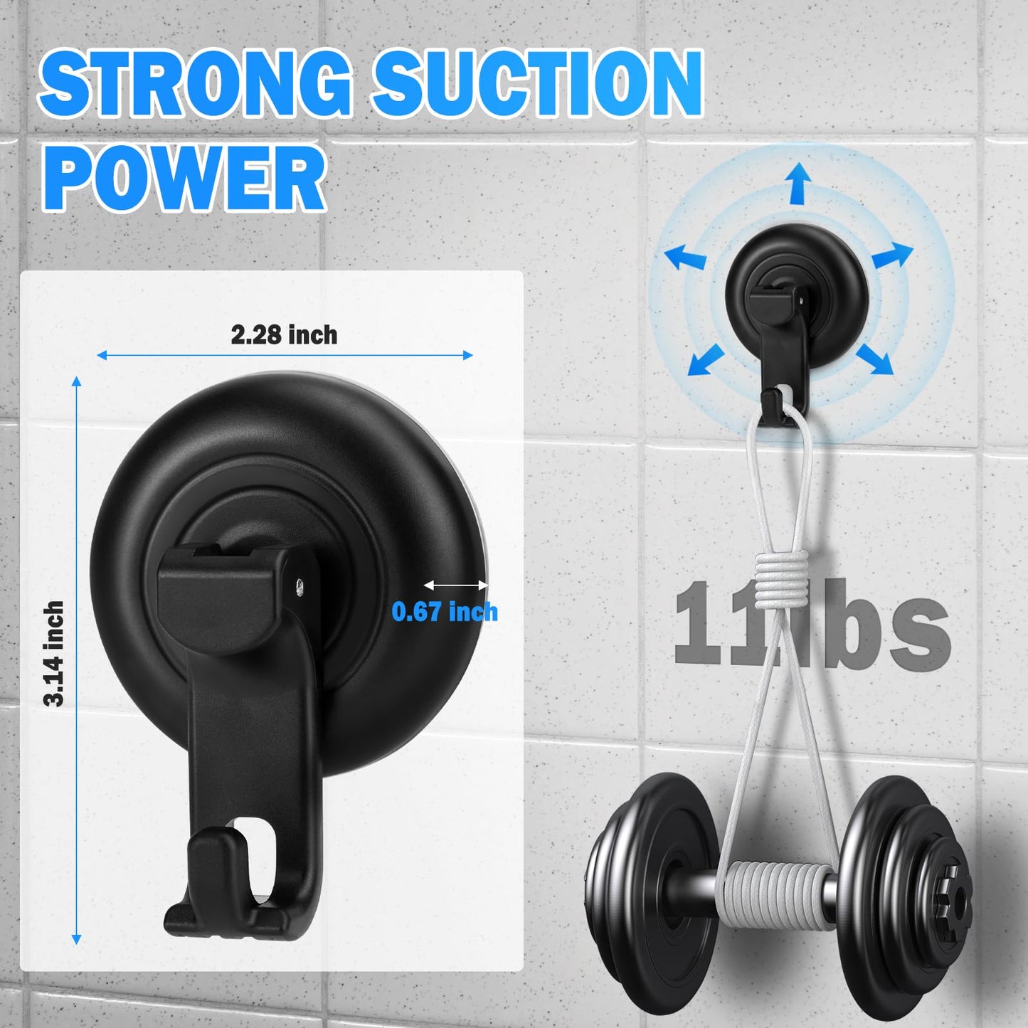 TACGEA Suction Cup Hooks for Shower, Powerful Vacuum Shower Hook for Towel, Robe, Loofah - Reuseable and Removeable Bathroom Hook, Black, 4 Pack