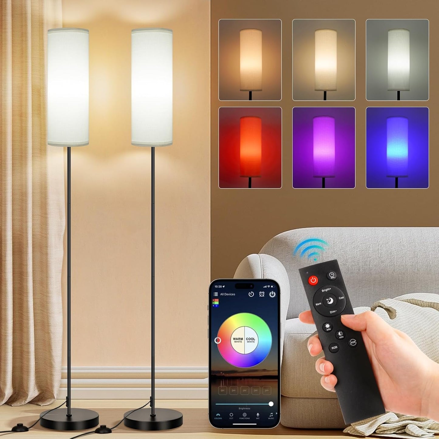 Modern Dimmable Floor Lamp with Remote - RGB Smart Bulb for Living Room, Bedroom & Office