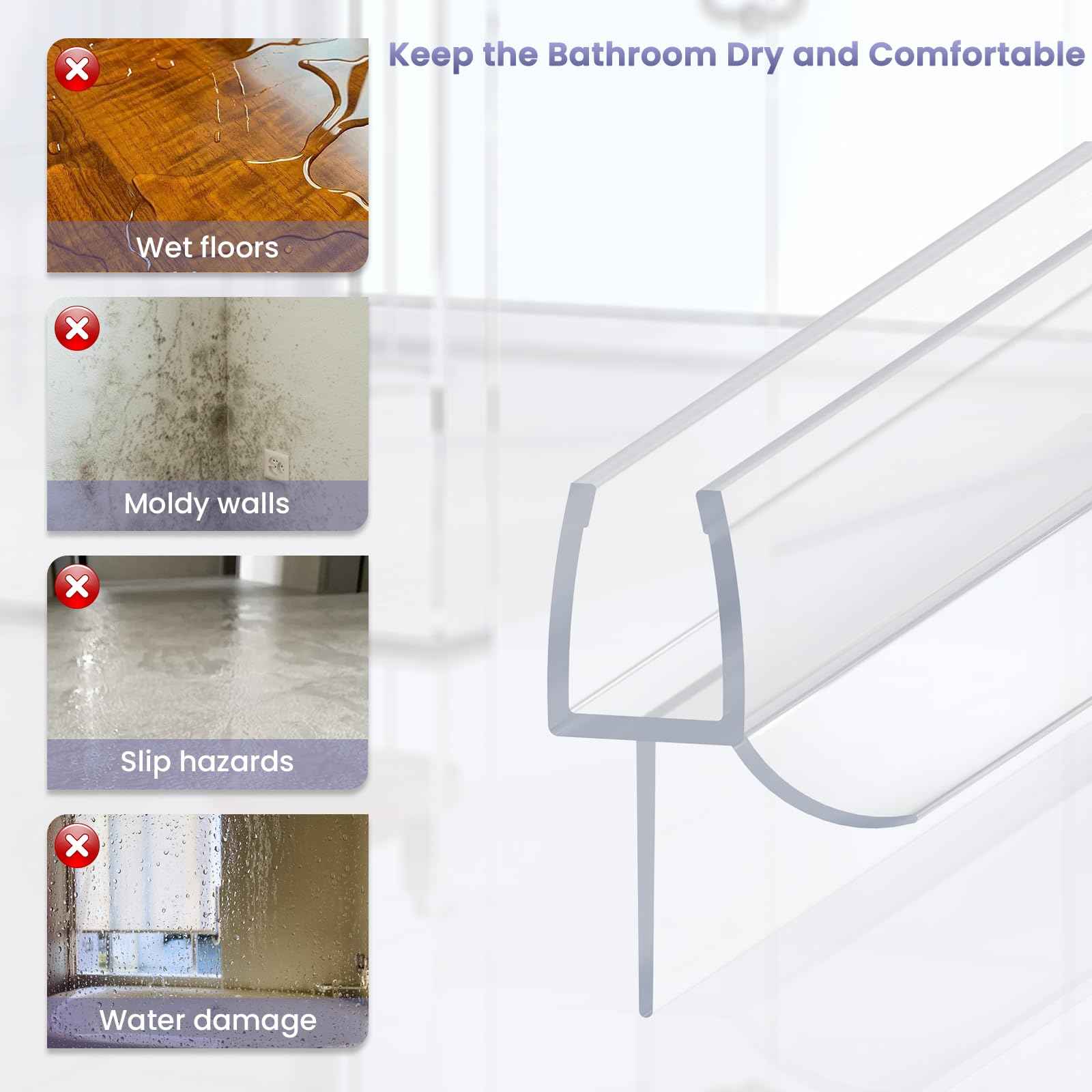 2PCS Shower Door Bottom Seal Strip, Clear PVC, 36" Length, Fits 6mm Thick Glass, Prevents Leaks & Water Damage, Easy Installation, No Adhesive Required (Clear, 36in for 1/4"(6mm) Door)