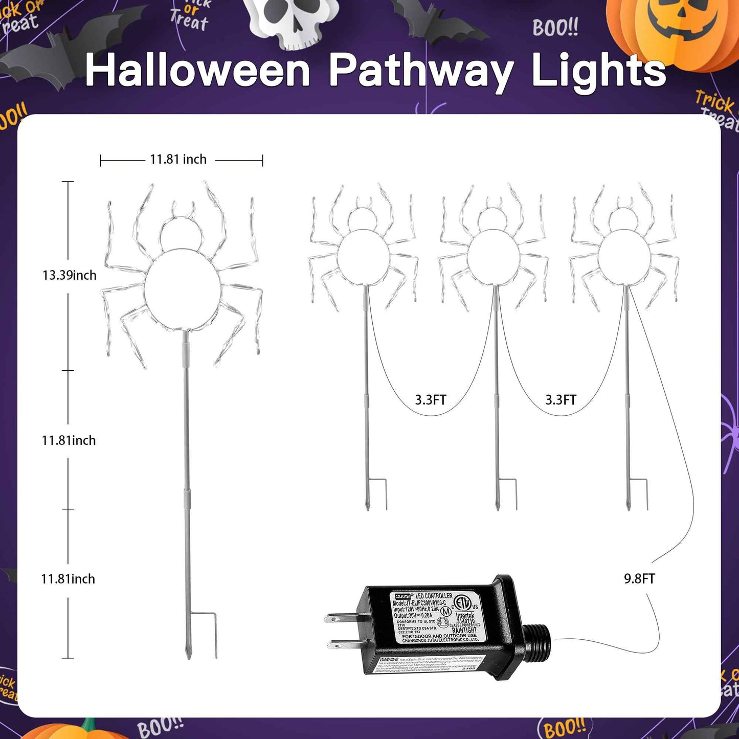 MYGOTO Halloween Spider Pathway Lights, 3 Pack 250 LED Purple Decorations Outdoor Metal Stake Lights, 8 Modes Memory Timer Waterproof Plug in Light String for Walkway Yard Lawn Garden Halloween Décor