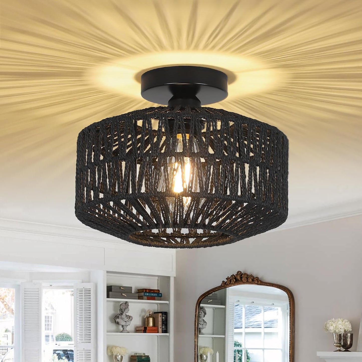Boho Rattan Chandelier Ceiling Light Fixture with Dimmable LED Bulb - Hand Woven Flush Mount for Hallway, Bedroom, Kitchen & Living Room