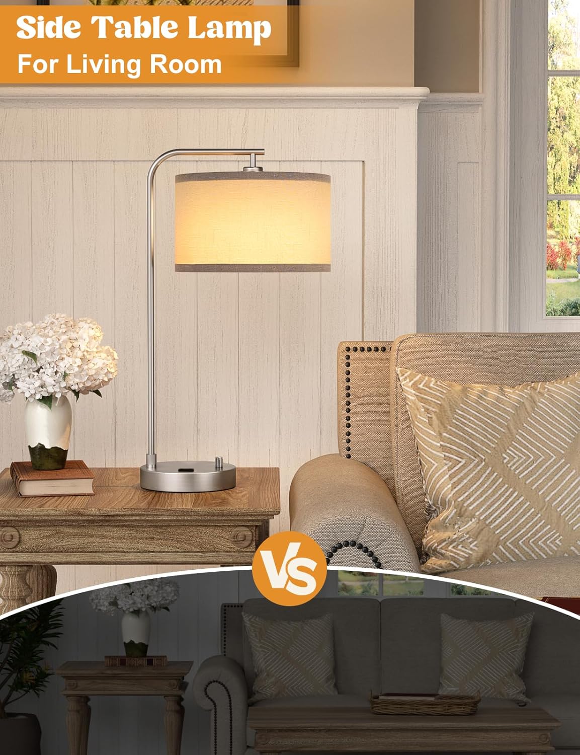 Dimmable Tall Table Lamp with USB Port & Outlet - Linen Shade Bedside Desk Lamp for Bedroom, Living Room, Home Office
