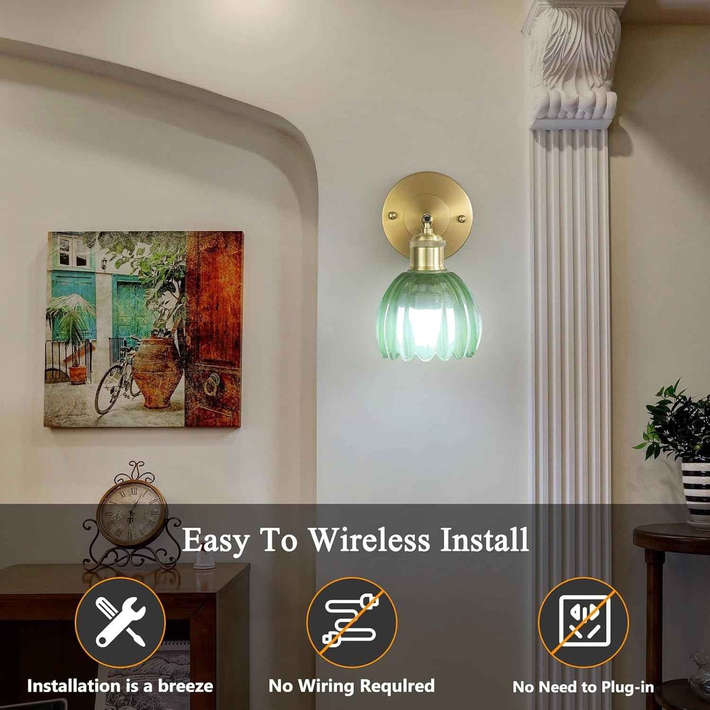 Rechargeable Vintage Wireless Wall Sconces - Gold LED Tulip Glass Lamps with Remote Dimming for Bedroom & Living Room
