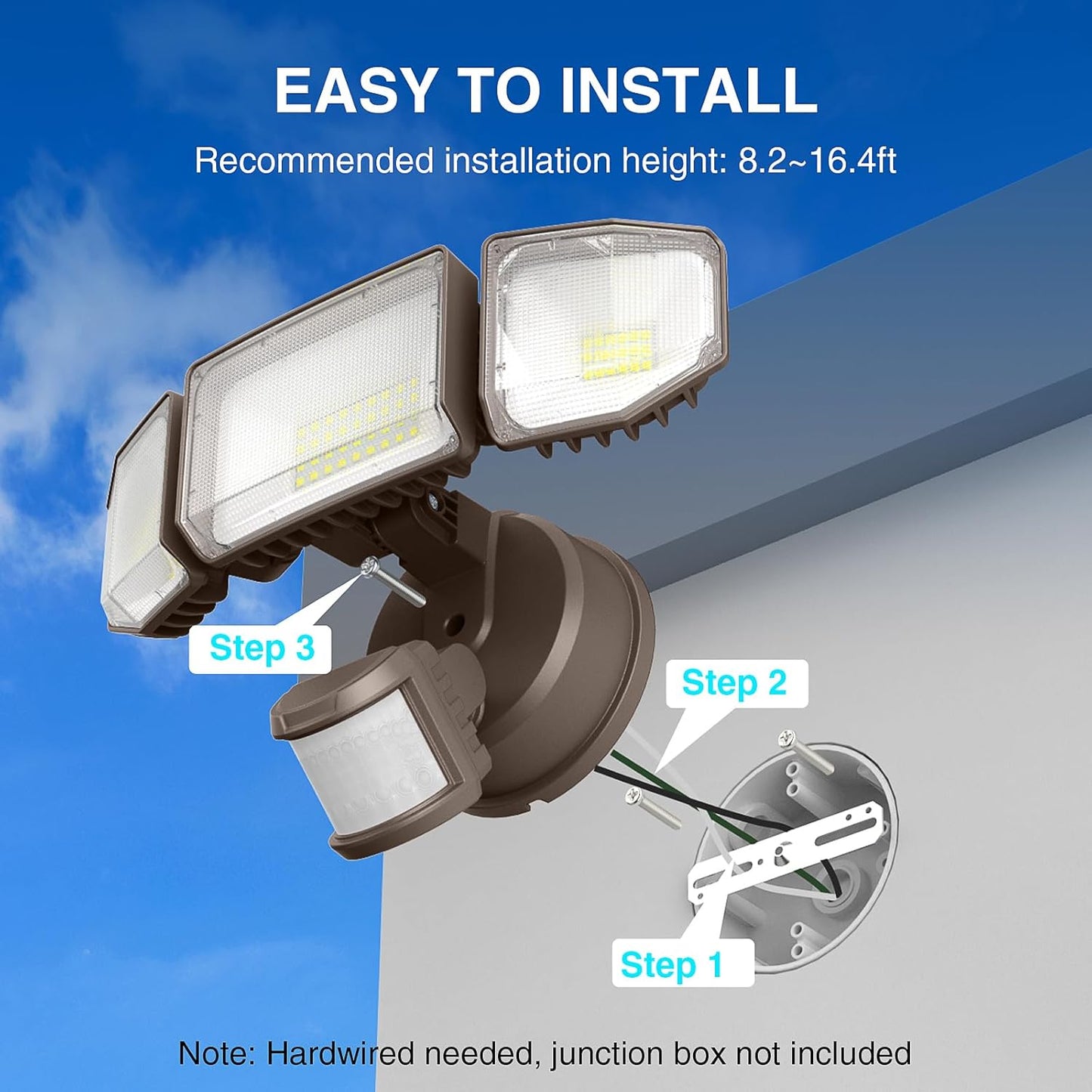 85W LED Motion Sensor Security Light - 8500LM Dusk to Dawn, 3-Head Waterproof Floodlight for Garage, Yard & Porch
