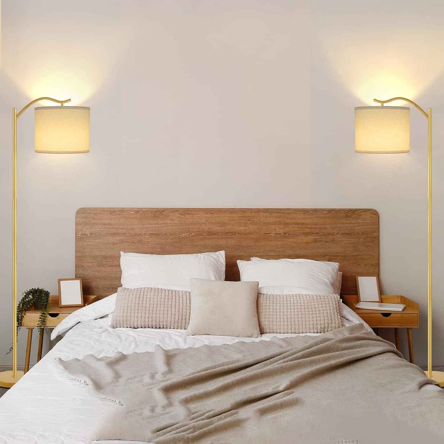 Modern LED Floor Lamp with Bohemian Linen Shade – Arched Tall Standing Light for Living Room & Bedroom