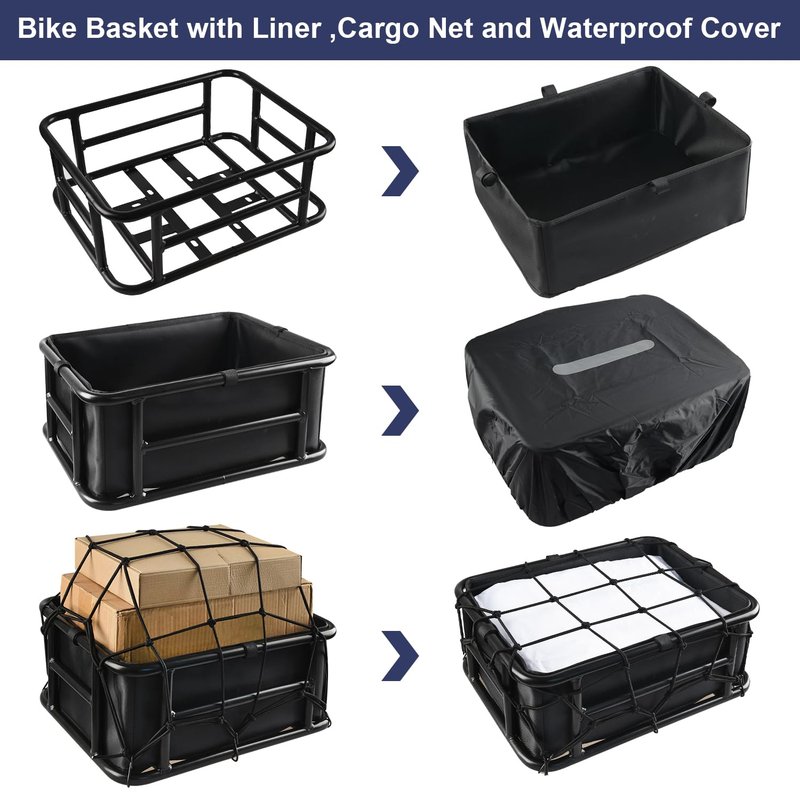 Rear Rack Bike Basket, Large Rear Bike Basket with Liners & Cargo Net & 2 Rain Covers, Heavy Duty Metal Bicycle Basket for Bicycle, Ebike, Electric Bike