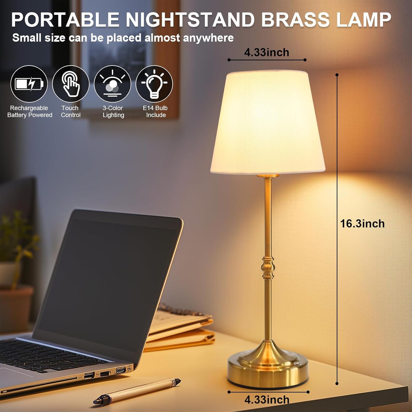 Rechargeable Cordless Touch Table Lamp - 5000mAh Battery, 3-Level Dimmable, Portable Brass Night Light for Home & Patio