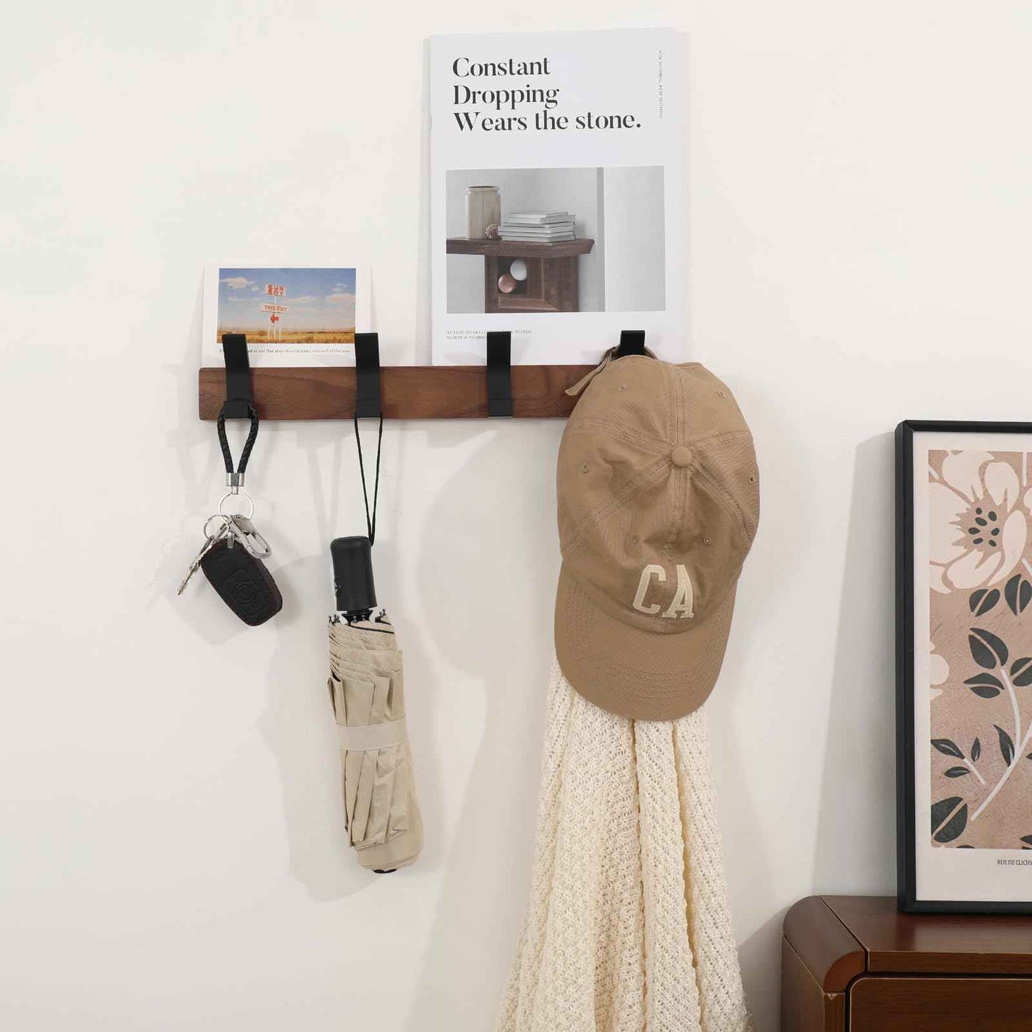 Jadorn Coat Rack Wall Mount - 15.7 Inches Walnut Wood Coat Hooks Coat Rack Wall Mount with 4 Hooks Black Aluminum Coat Hooks for Hanging Coat Hat Bag Hat Rustproof Coat Hanger