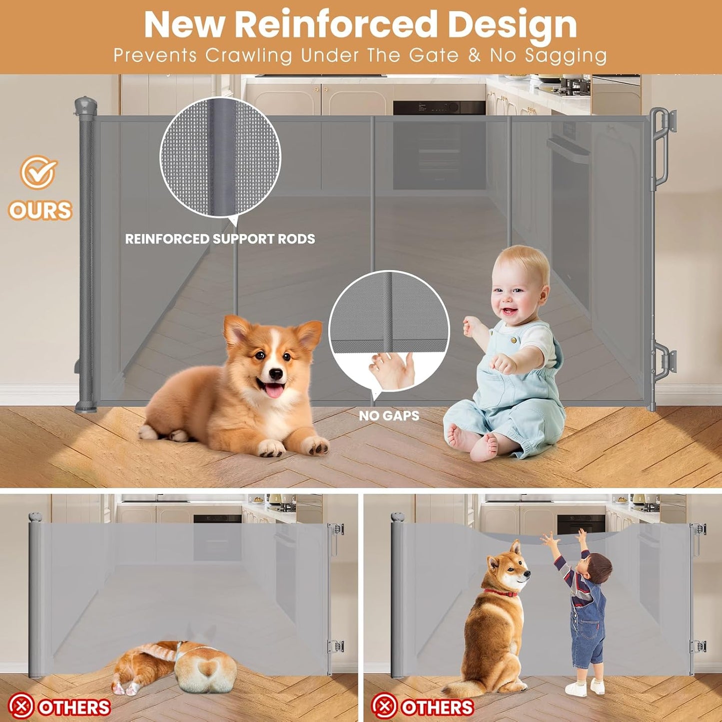 Retractable Baby Gate - Reinforced Mesh Child Safety Gate for Doorways & Stairs, 33.5" Tall, Fits Openings up to 55" - Gray