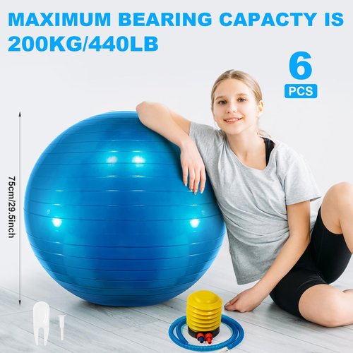 Jexine 6 Pcs Yoga Ball Exercise Ball PVC Stability Balance Yoga Ball Chair Quick Pump for Physical Workout Pregnancy Home Office Gym Equipment (Blue,29.53 Inch)