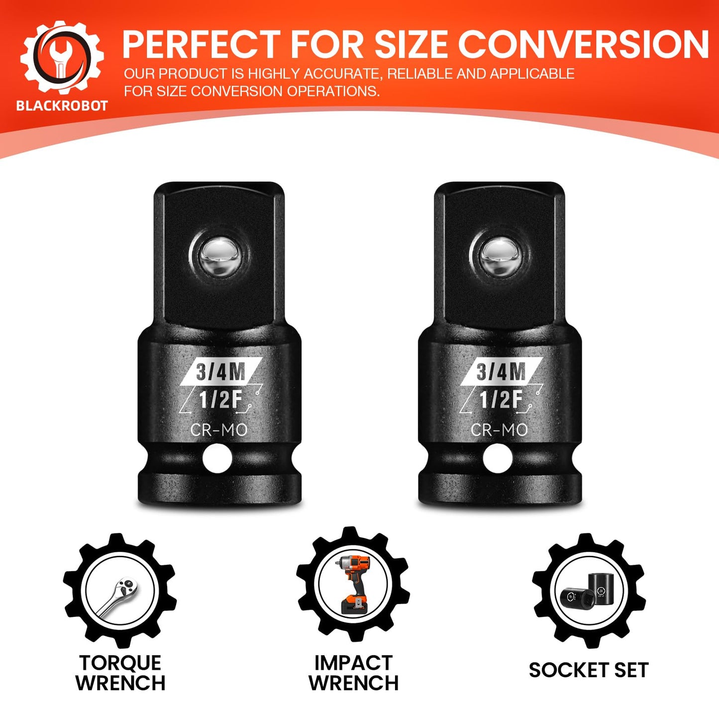 BLACKROBOT 2 Pieces 1/2” F To 3/4” M Impact Socket Adapter Set, SAE Drive Cr-Mo Steel Exceeds ANSI Standards, Square Drive Socket Reducer for Impact Driver Wrench