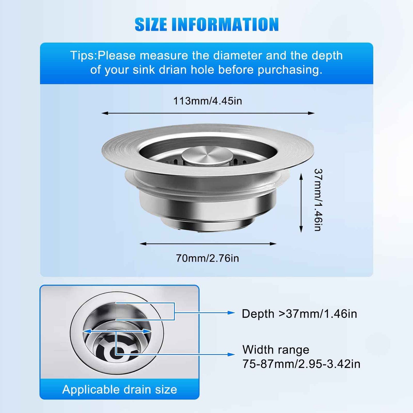 ChicHomey Kitchen Sink Drain Strainer 3-in-1,Pop-Up Stopper & Anti-Clogging Basket - 304 Stainless Steel Sink Strainer Anti-Clogging Sink Drain Strainer for US Standard Kitchen Drain