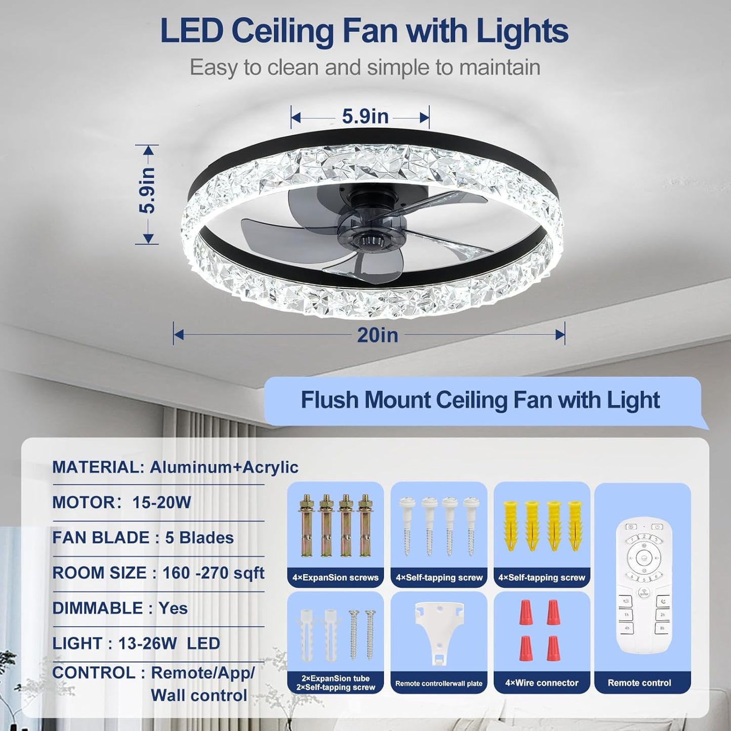 Flush Mount Ceiling Fan with Lights & Remote - 6 Speed Low Profile for Bedroom & Small Rooms