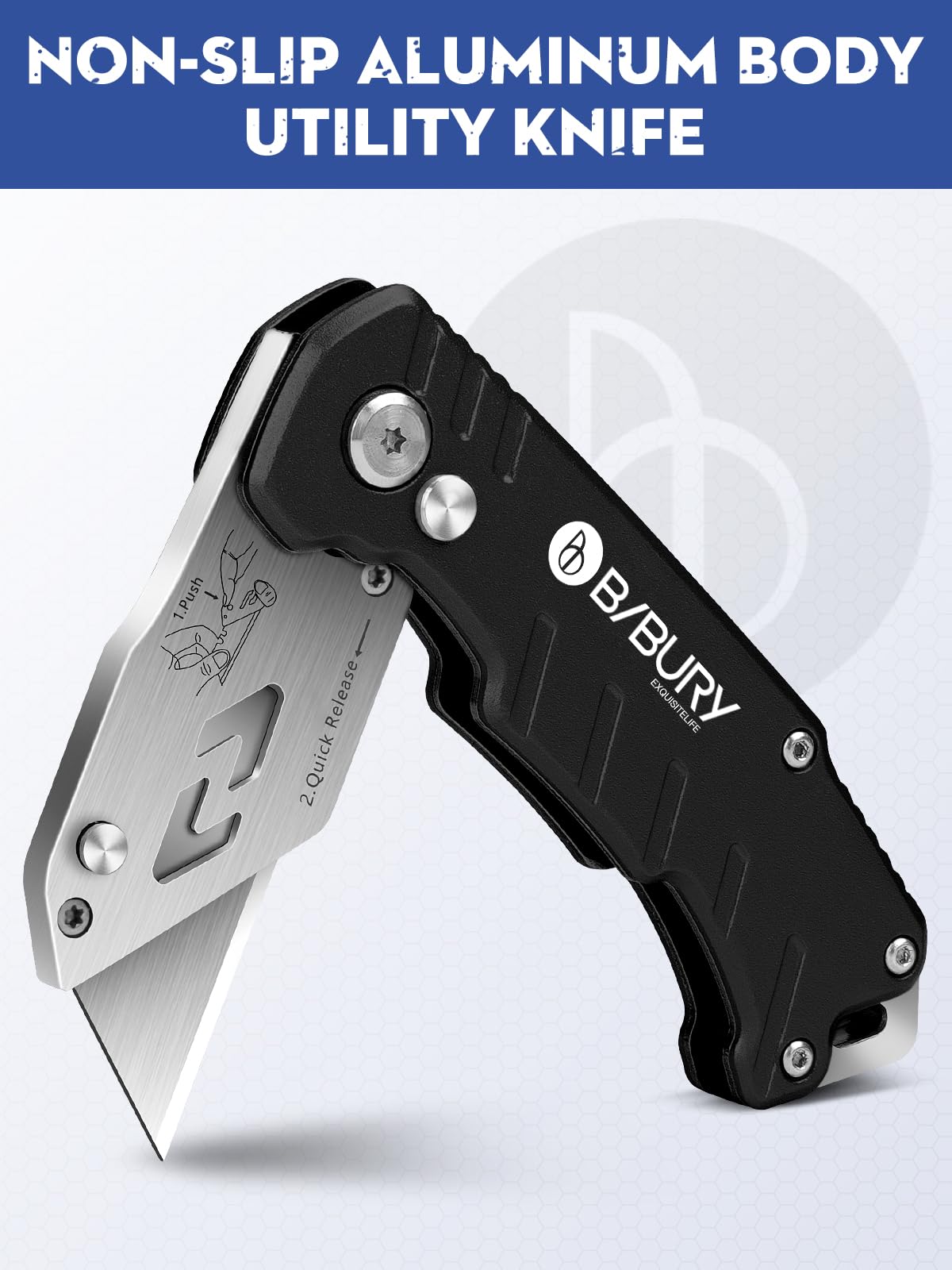 Utility Knife, BIBURY Upgraded Version Heavy Duty Box Cutter, Pocket Carpet knife with 10 Replaceable SK5 Stainless Steel Blades, Belt Clip, Easy Release Button, Quick Change and Safety Lock