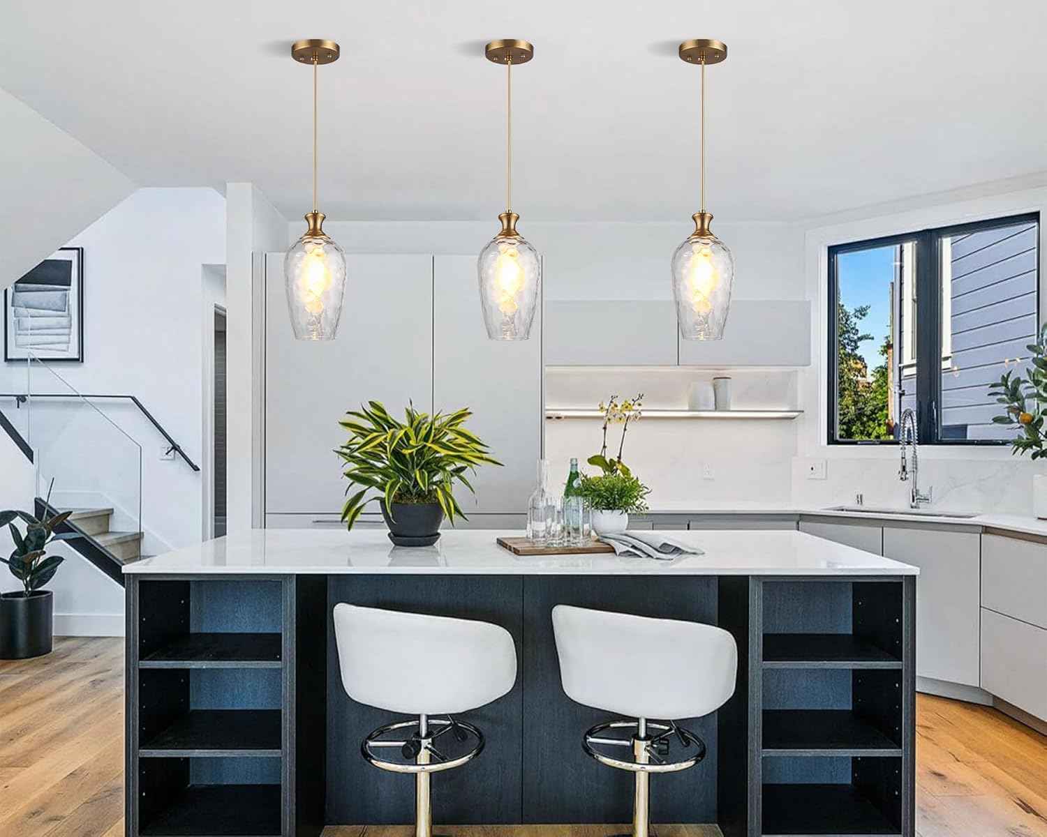 Brushed Nickel Glass Pendant Light Fixture - Modern 1-Light Hanging Lamp for Kitchen Island & Dining Room