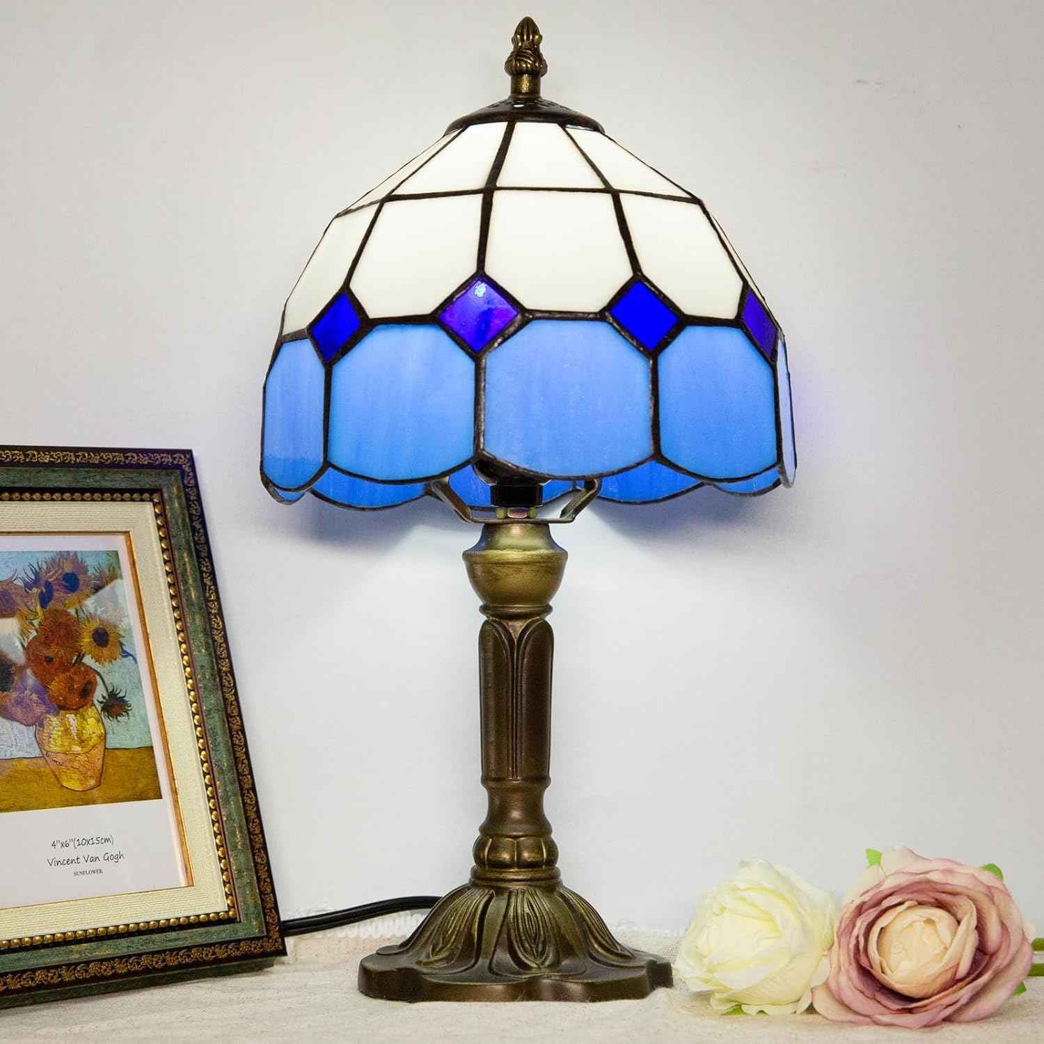 Tiffany Table Lamp - 8 Inch Antique Stained Glass, 3 Color Temperatures, Handcrafted for Bedroom & Living Room