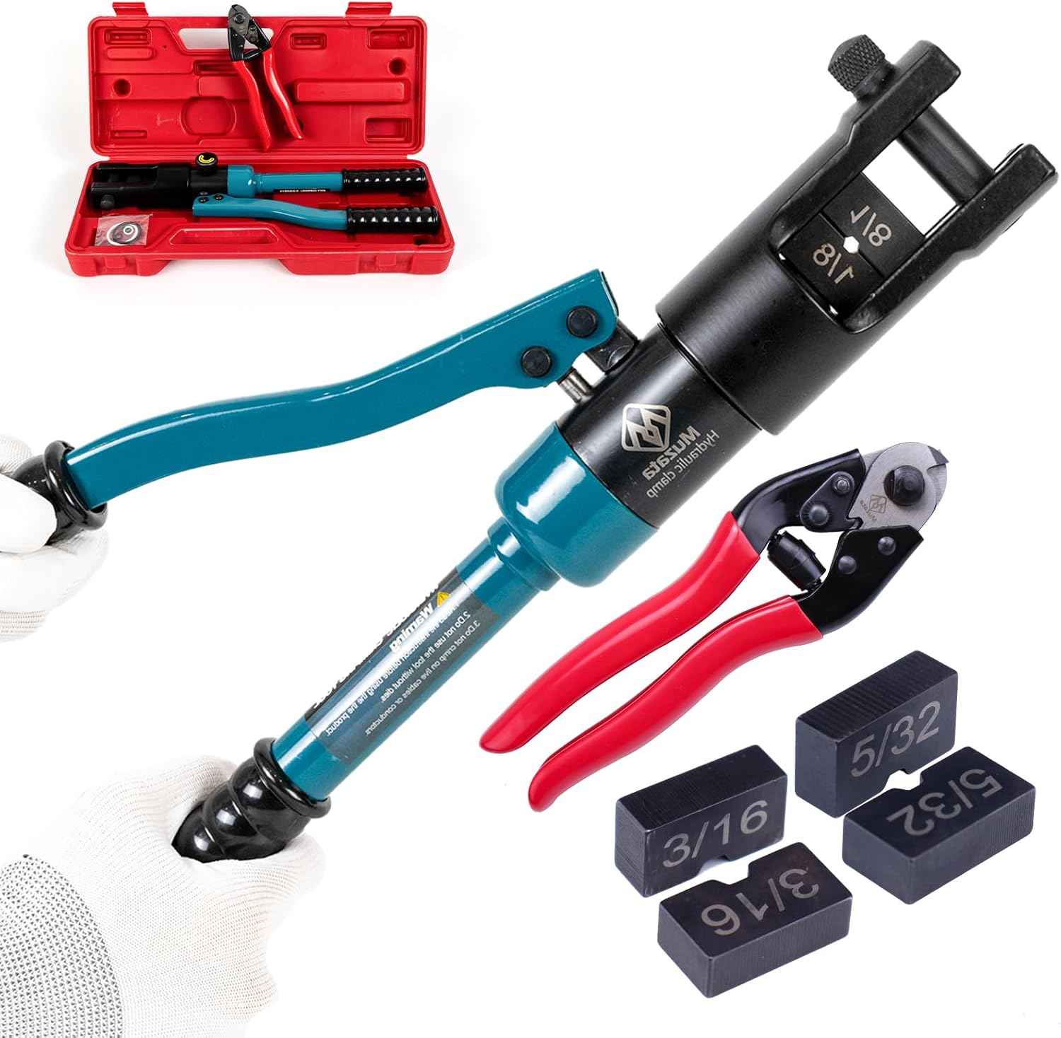 Hydraulic Crimping Tool for Stainless Steel Cable Railing - Muzata Custom Cable Swaging Kit with Wire Cutter (1/8", 5/32", 3/16")