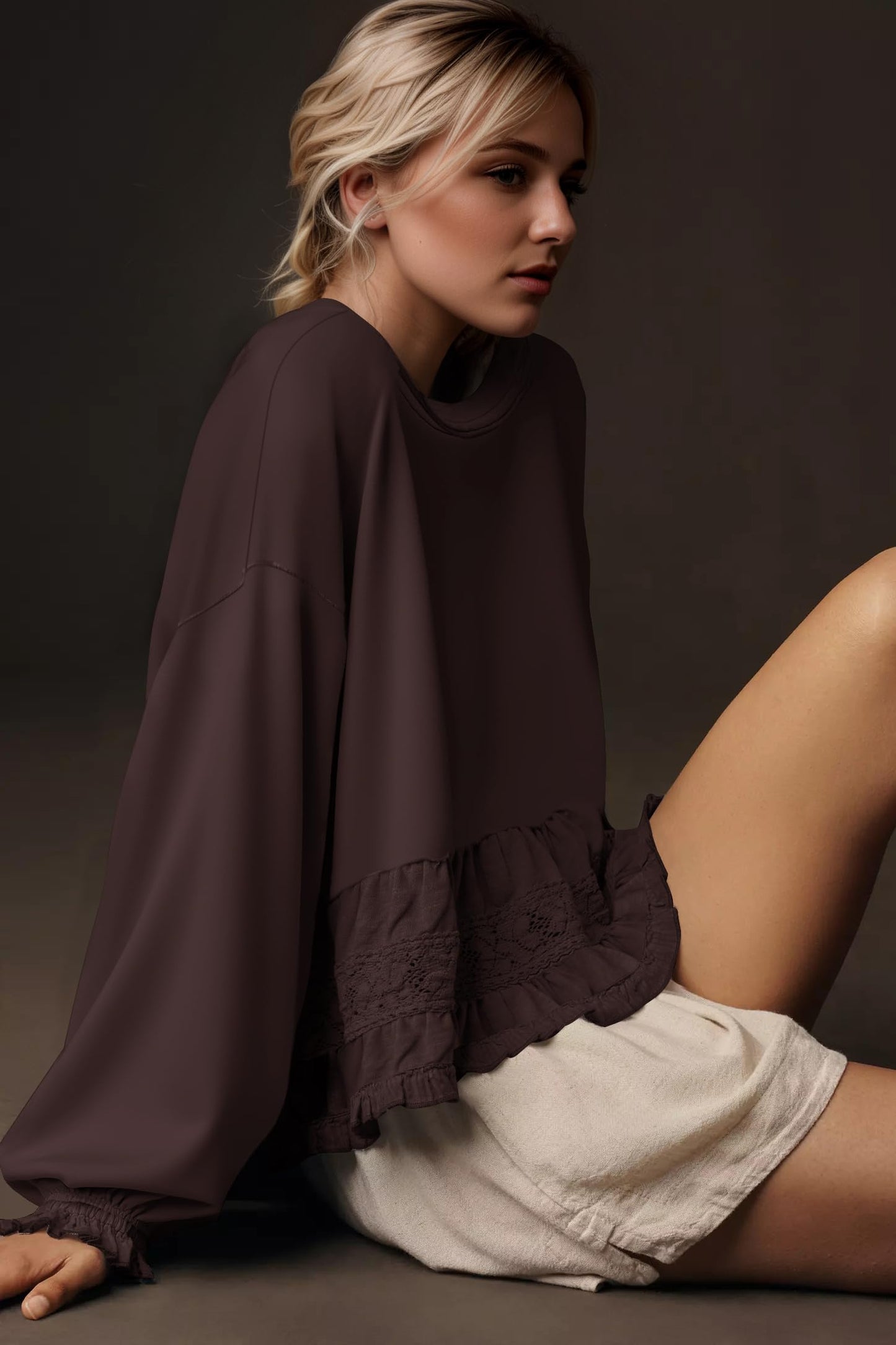 Burtell Crew Neck Crop Oversized Sweatshirts For Women Casual Long Puff Sleeve Babydoll Tops Loose Lace Patchwork Peplum Top Brown