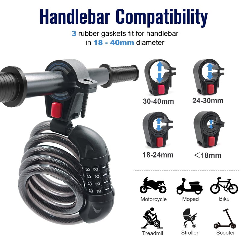 NDakter Bike Lock, 4FT Electric Scooter Combination Cable Lock with Mounting Bracket,Ideal Anti Theft Bicycle Locks for Mountain Bike, Road Bike, Electric Bicycle(12mm)