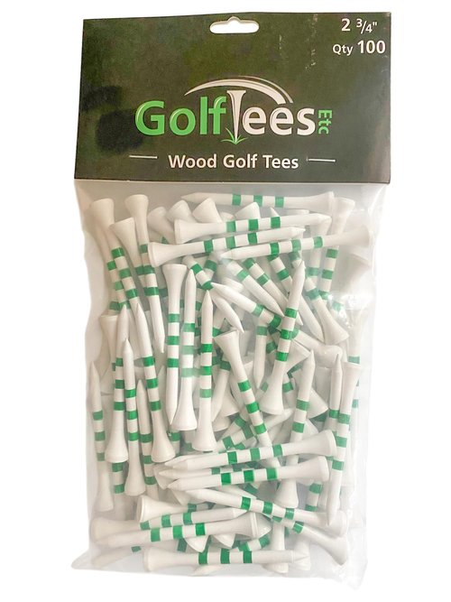 Striped Wood Golf Tees 2 3/4" - Standard Wooden Golf Tees for Men and Women with Height Indicators, Golf Accessories - 100 Pack (White/Green Stripes)